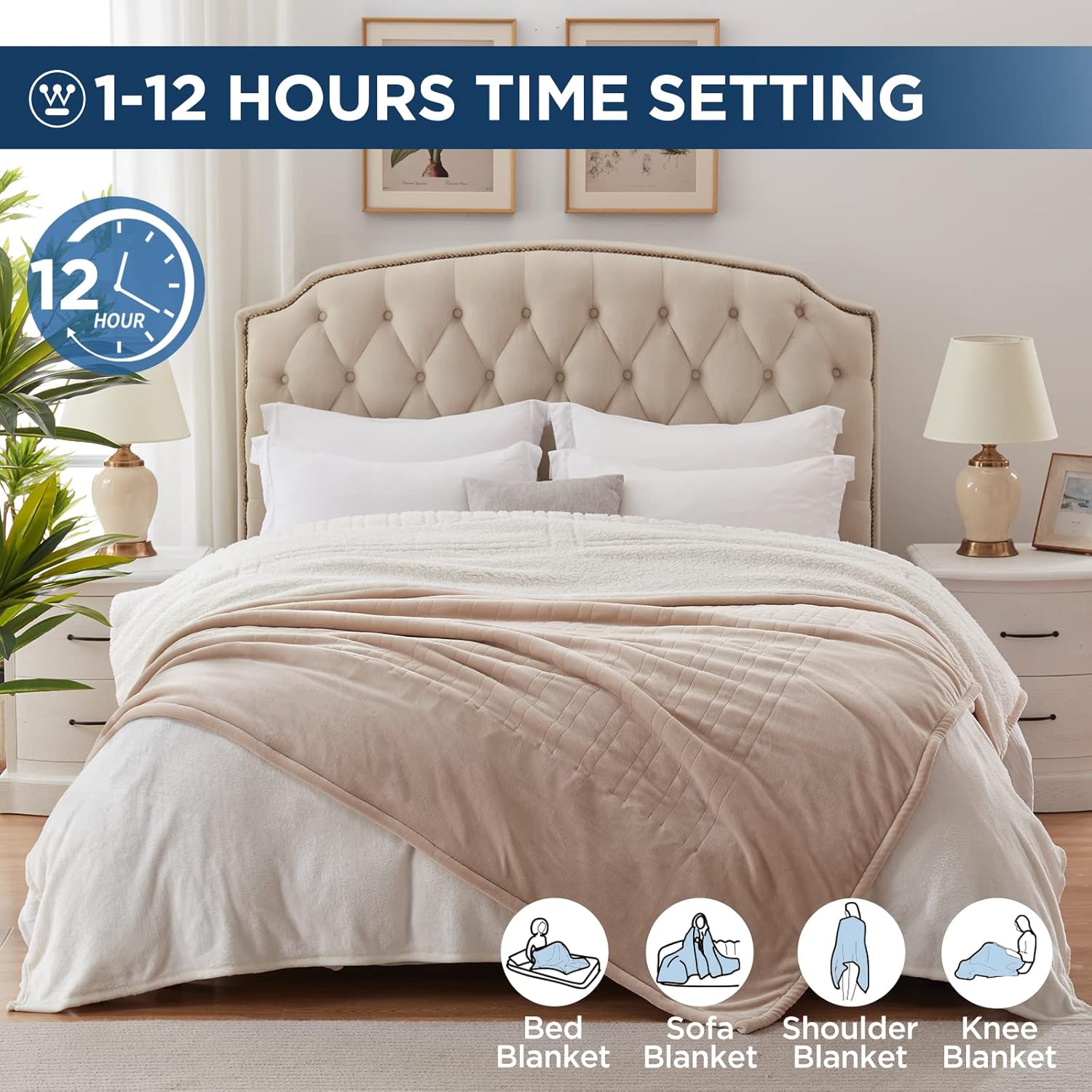 Westinghouse Heated Throw Blanket, Electric Blanket Throw with 6 Heating Levels and 2-10 Hours Time Settings, Flannel to Sherpa Super Cozy Heated Blanket Machine Washable, 50x60 inch, Charcoal