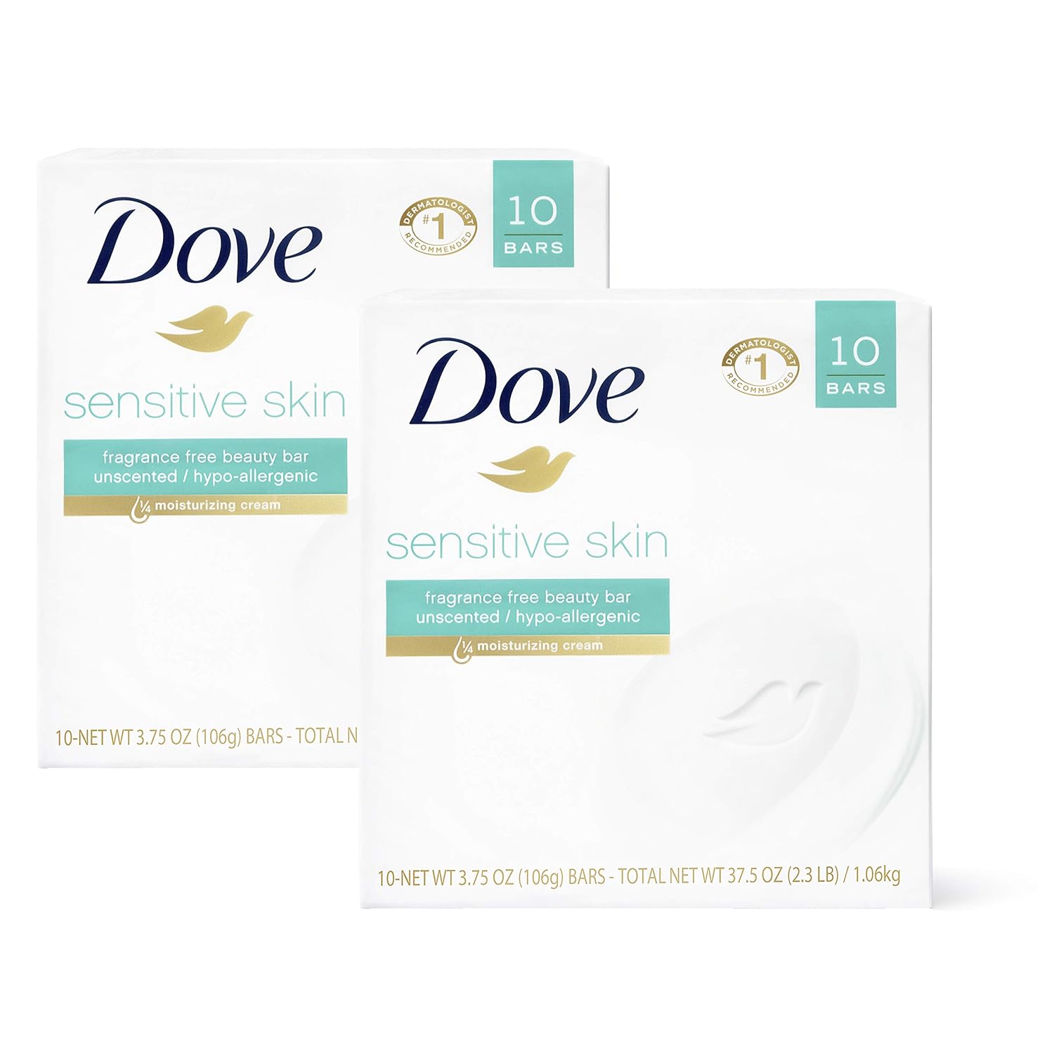 Dove Beauty Bar More Moisturizing Than Bar Soap for Softer Skin, Fragrance-Free, Hypoallergenic Beauty Bar Sensitive Skin With Gentle Cleanser 3.75 oz 14 Bars