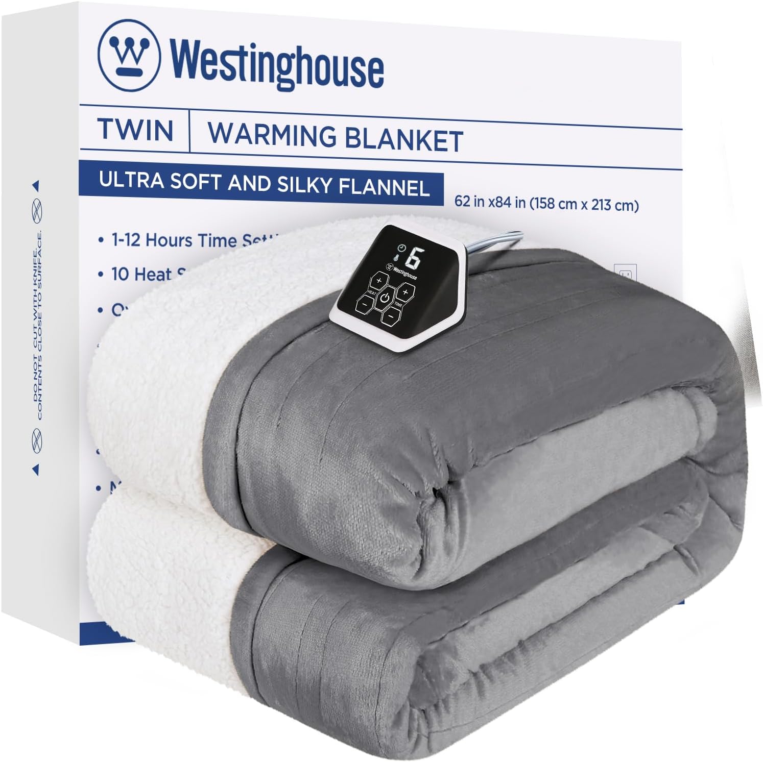 Westinghouse Heated Throw Blanket, Soft Flannel to Sherpa Electric Throw with 6 Heating Levels, 2-10 Hours Time Settings, Fast Heating, Machine Washable 50x60 Inch, Charcoal