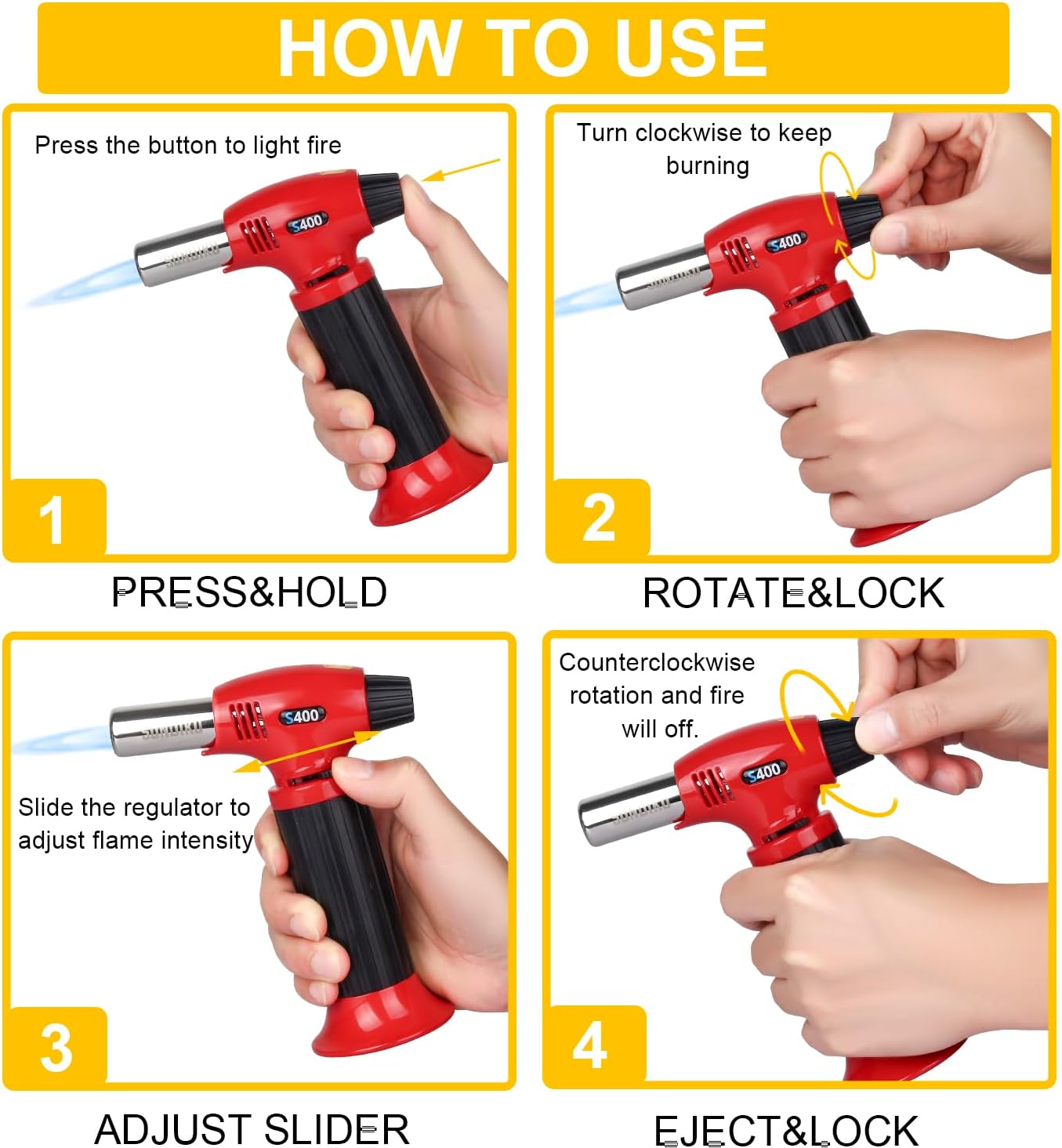 Sondiko Butane Torch S400, Refillable Kitchen Torch Lighter, Fit All Butane Tanks Blow Torch with Safety Lock and Adjustable Flame for Desserts, Creme Brulee, and Baking—Butane Gas Is Not Included