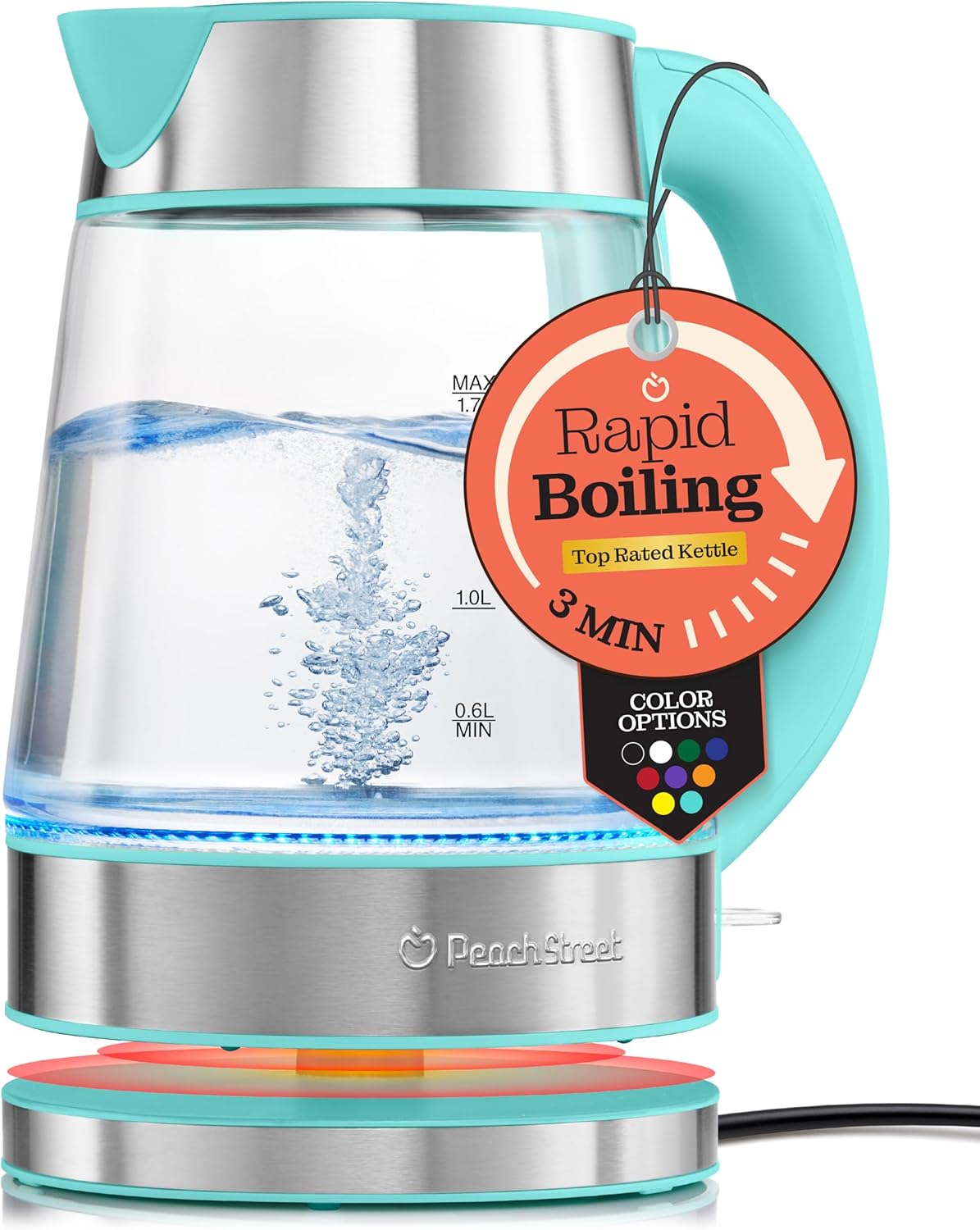 Speed-Boil Electric Kettle For Coffee & Tea - 1.7L Water Boiler 1500W, Borosilicate Glass, Easy Clean Wide Opening, Auto Shut-Off, Cool Touch Handle, LED Light. 360° Rotation, Boil Dry Protection