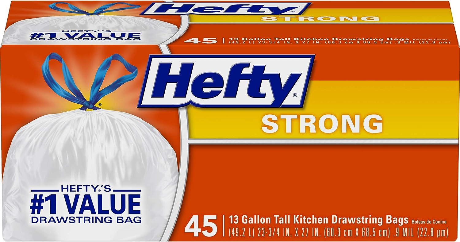 Hefty Strong Tall Kitchen Trash Bags, Unscented, 13 Gallon, 90 Count, White,Packaging may vary