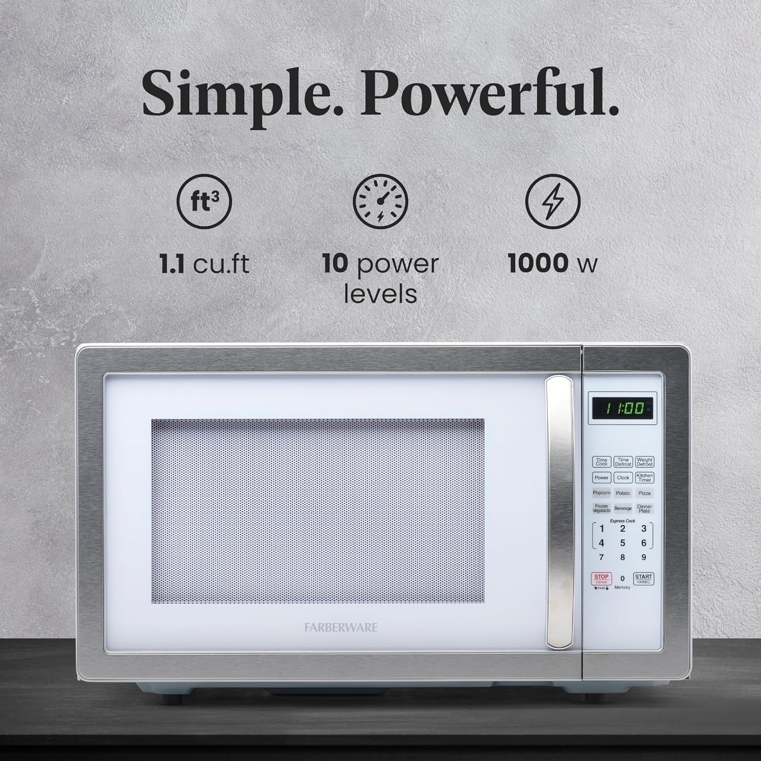 Farberware Countertop Microwave 1000 Watts, 1.1 cu ft - Microwave Oven With LED Lighting and Child Lock - Perfect for Apartments and Dorms - Easy Clean Stainless Steel
