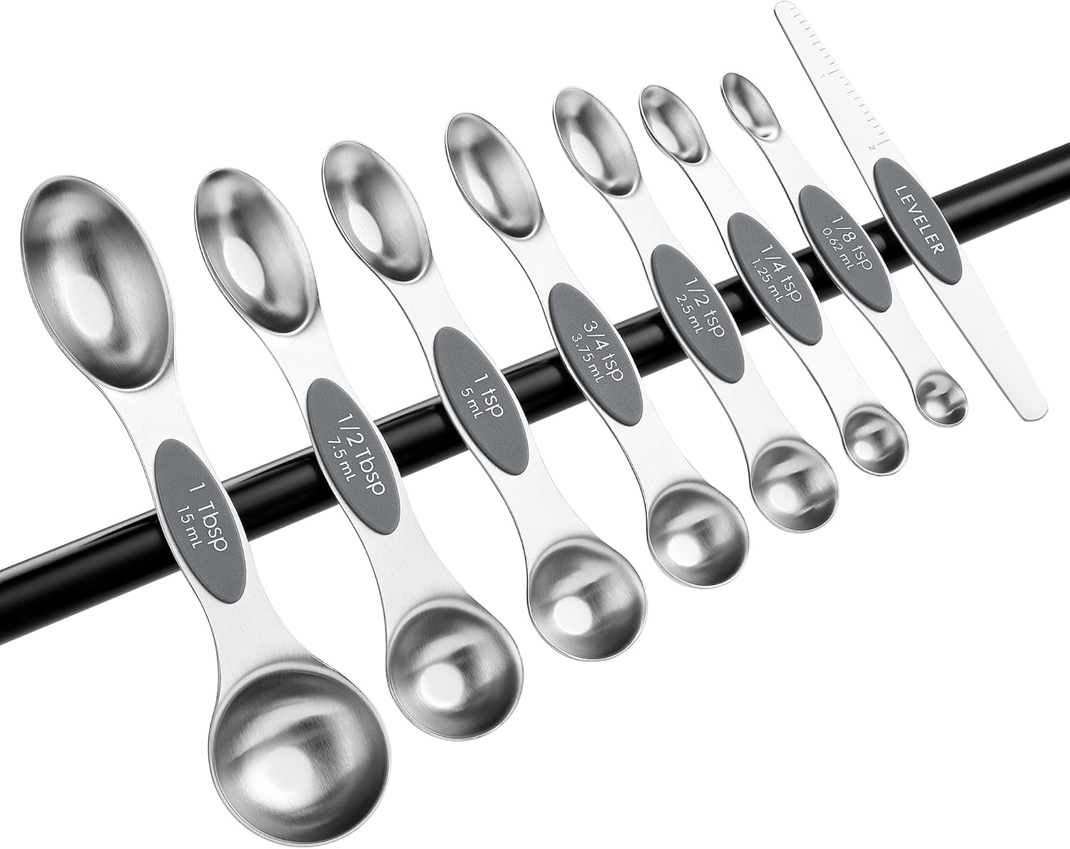 Spring Chef Magnetic Measuring Spoons Set with Strong N45 Magnets, Heavy Duty Stainless Steel Metal, Fits in Most Kitchen Spice Jars for Baking & Cooking, BPA Free, Black, Set of 8 with Leveler
