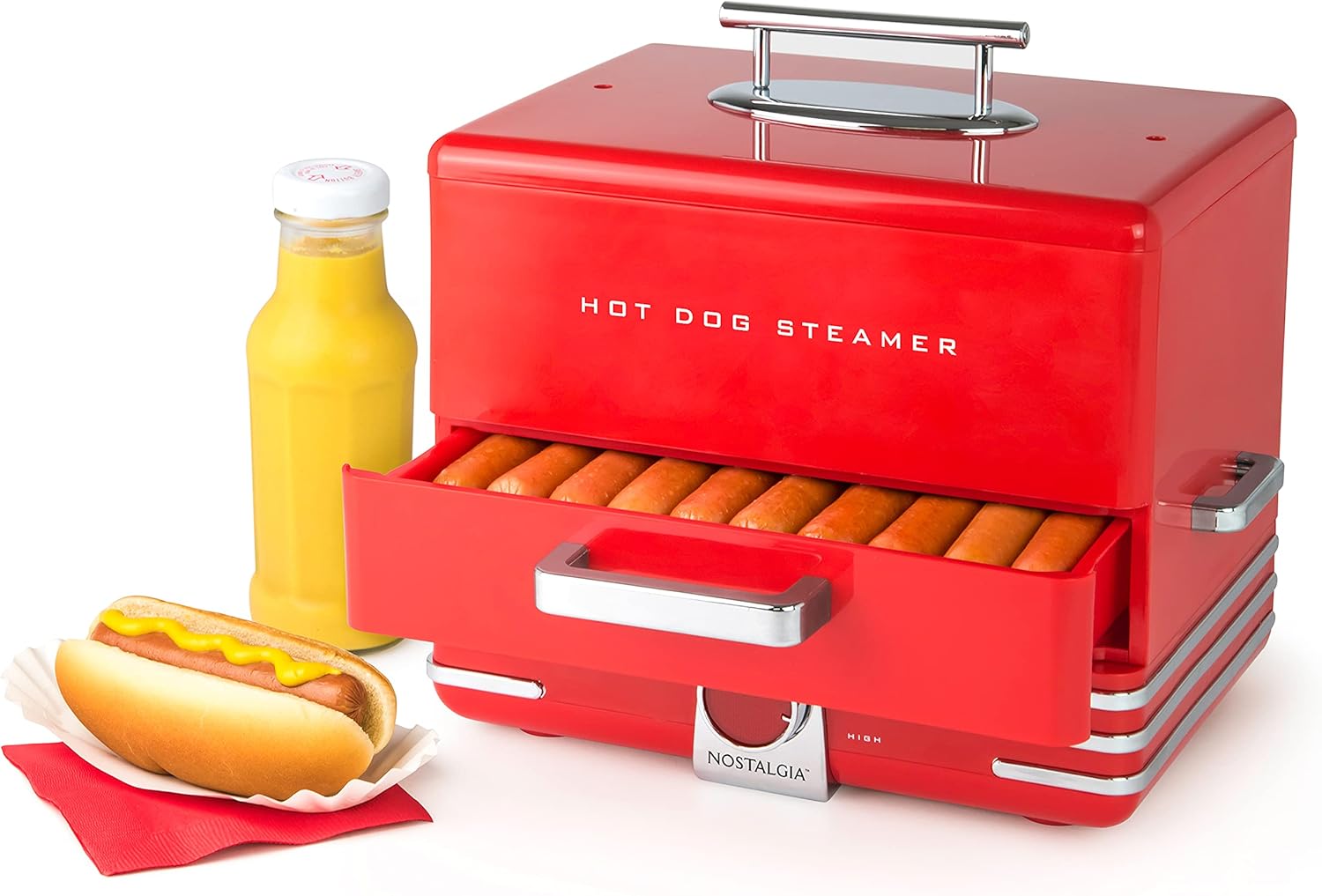 Nostalgia Extra Large Diner-Style Coca-Cola Hot Dog Steamer and Bun Warmer, 24 Hot Dog and 12 Bun Capacity, Steam Bratwursts, Sausages, Vegetables, Fish, Dumplings, Red