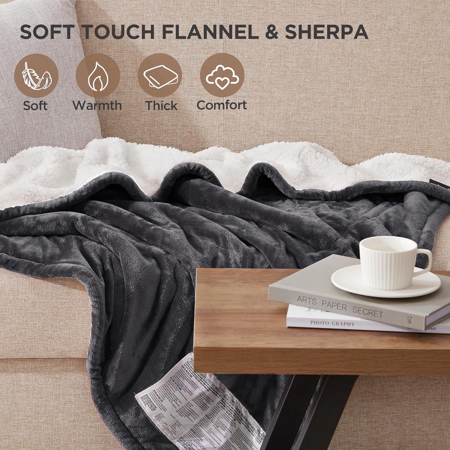 Westinghouse Heated Throw Blanket, Soft Flannel to Sherpa Electric Throw with 6 Heating Levels, 2-10 Hours Time Settings, Fast Heating, Machine Washable 50x60 Inch, Charcoal