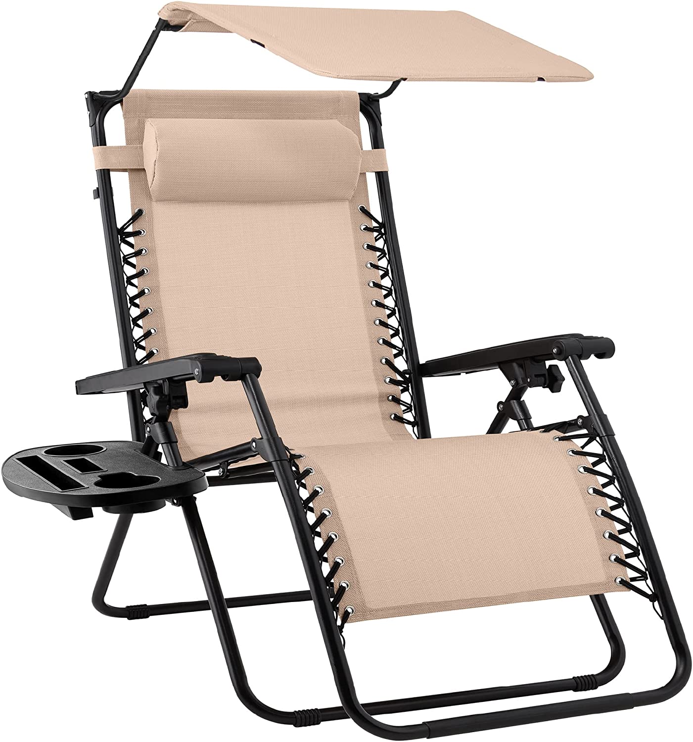 Folding Zero Gravity Outdoor Recliner Patio Lounge Chair w/Adjustable Canopy Shade, Headrest, Side Accessory Tray, Textilene Mesh - Beige