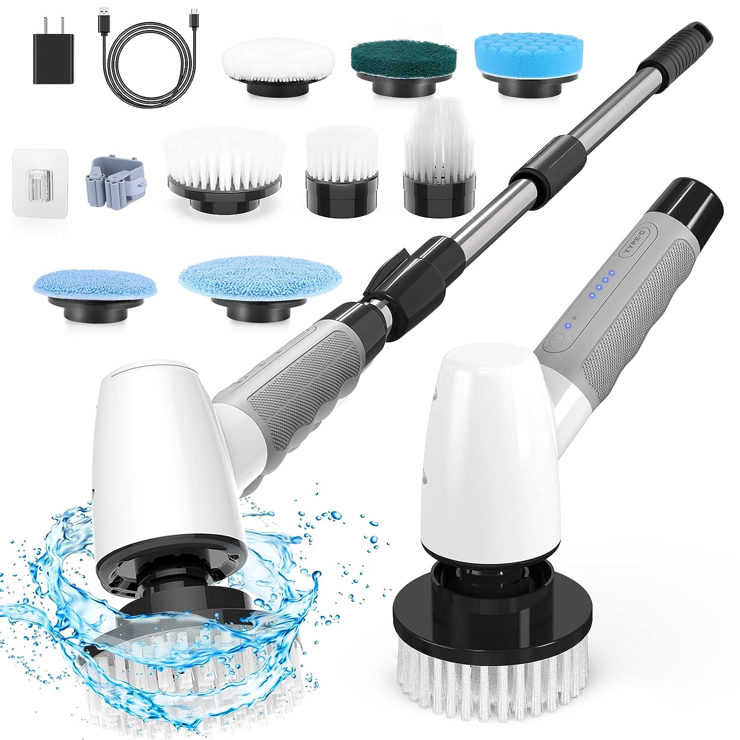 Cordless Electric Spin Scrubber,Cleaning Brush Scrubber for Home, 400RPM/Mins-8 Replaceable Brush Heads-90Mins Work Time,3 Adjustable Size,2 Adjustable Speeds for Bathroom Shower Bathtub Glass Car