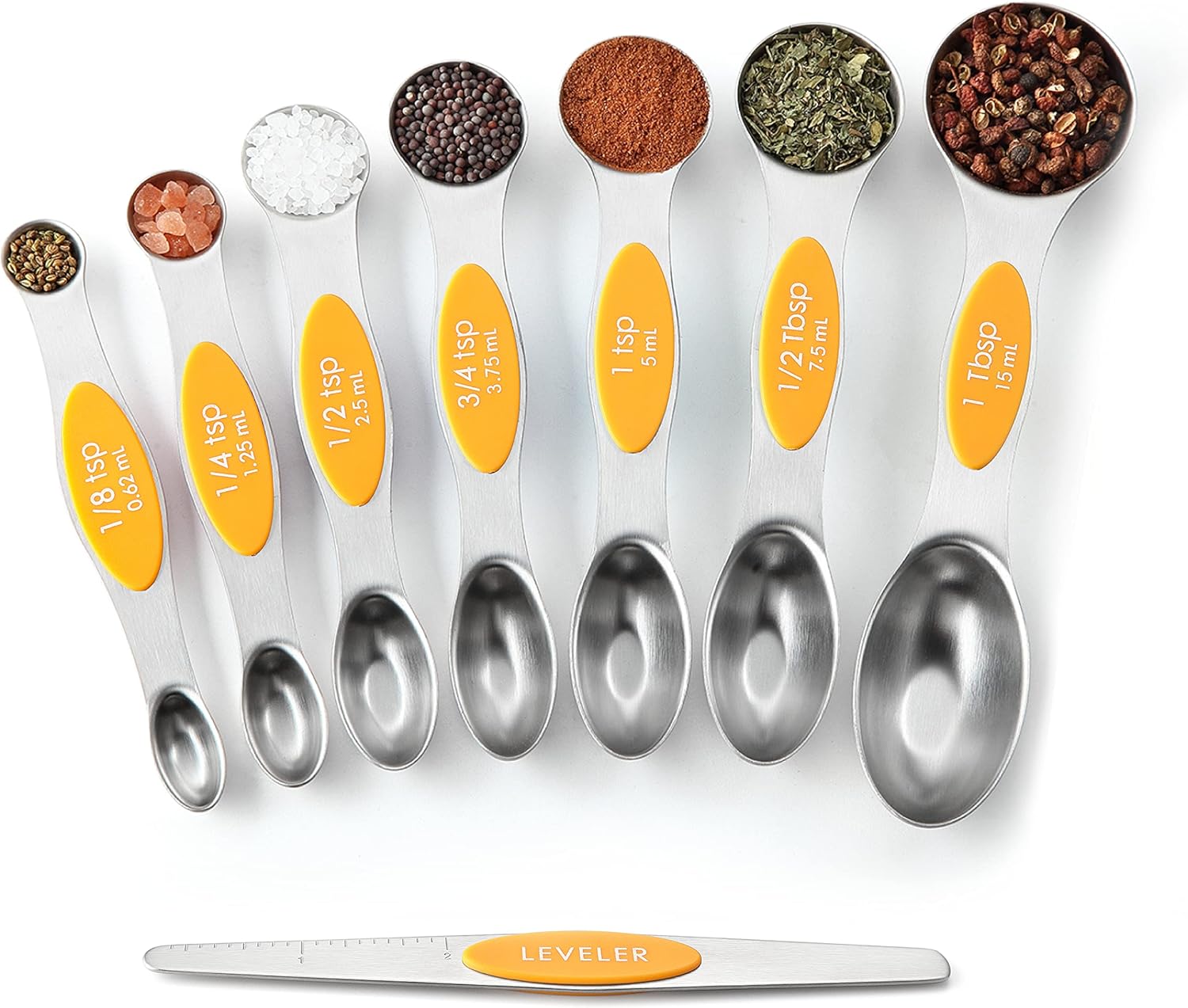 Spring Chef Magnetic Measuring Spoons Set with Strong N45 Magnets, Heavy Duty Stainless Steel Metal, Fits in Most Kitchen Spice Jars for Baking & Cooking, BPA Free, Black, Set of 8 with Leveler