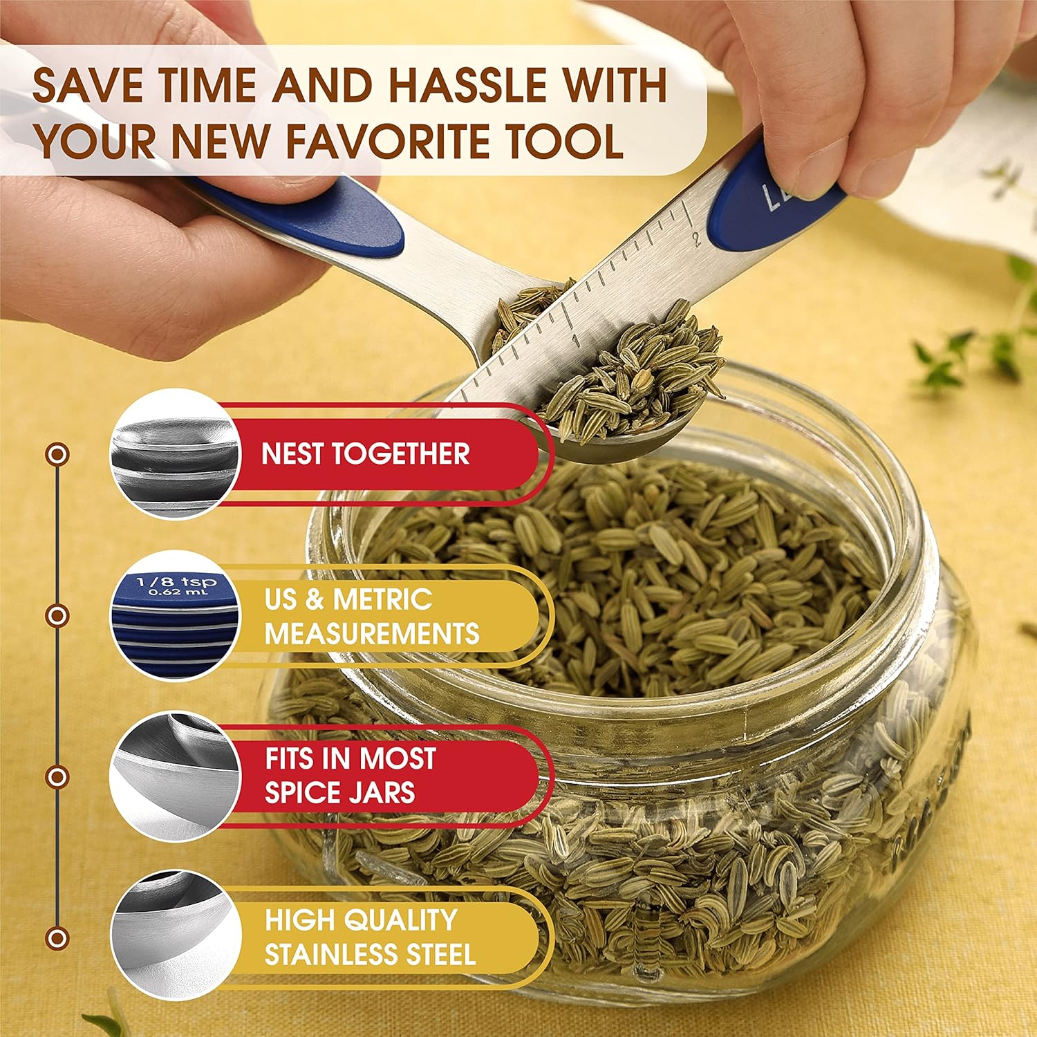 Spring Chef Magnetic Measuring Spoons Set with Strong N45 Magnets, Heavy Duty Stainless Steel Metal, Fits in Most Kitchen Spice Jars for Baking & Cooking, BPA Free, Black, Set of 8 with Leveler