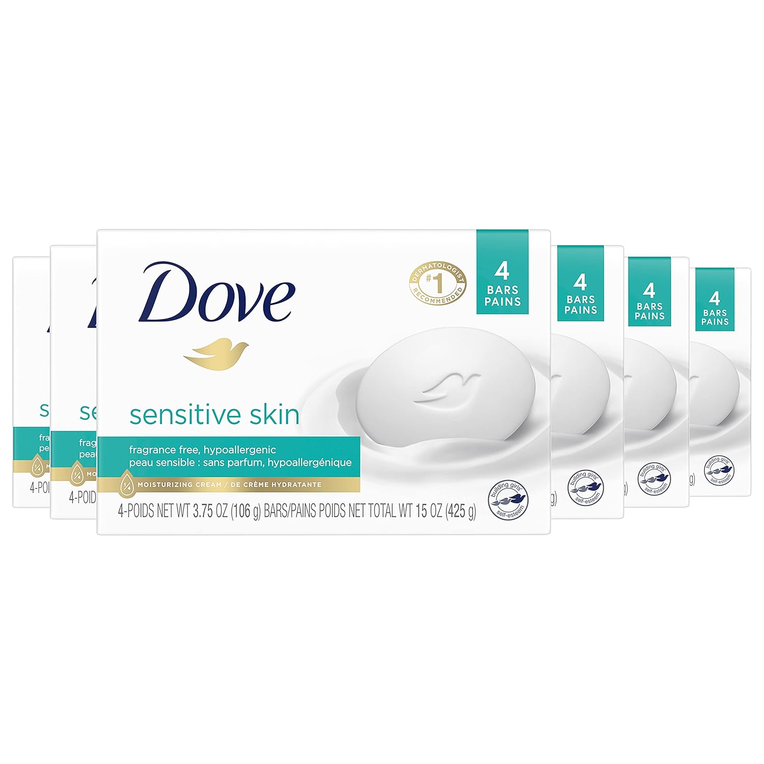 Dove Beauty Bar More Moisturizing Than Bar Soap for Softer Skin, Fragrance-Free, Hypoallergenic Beauty Bar Sensitive Skin With Gentle Cleanser 3.75 oz 14 Bars