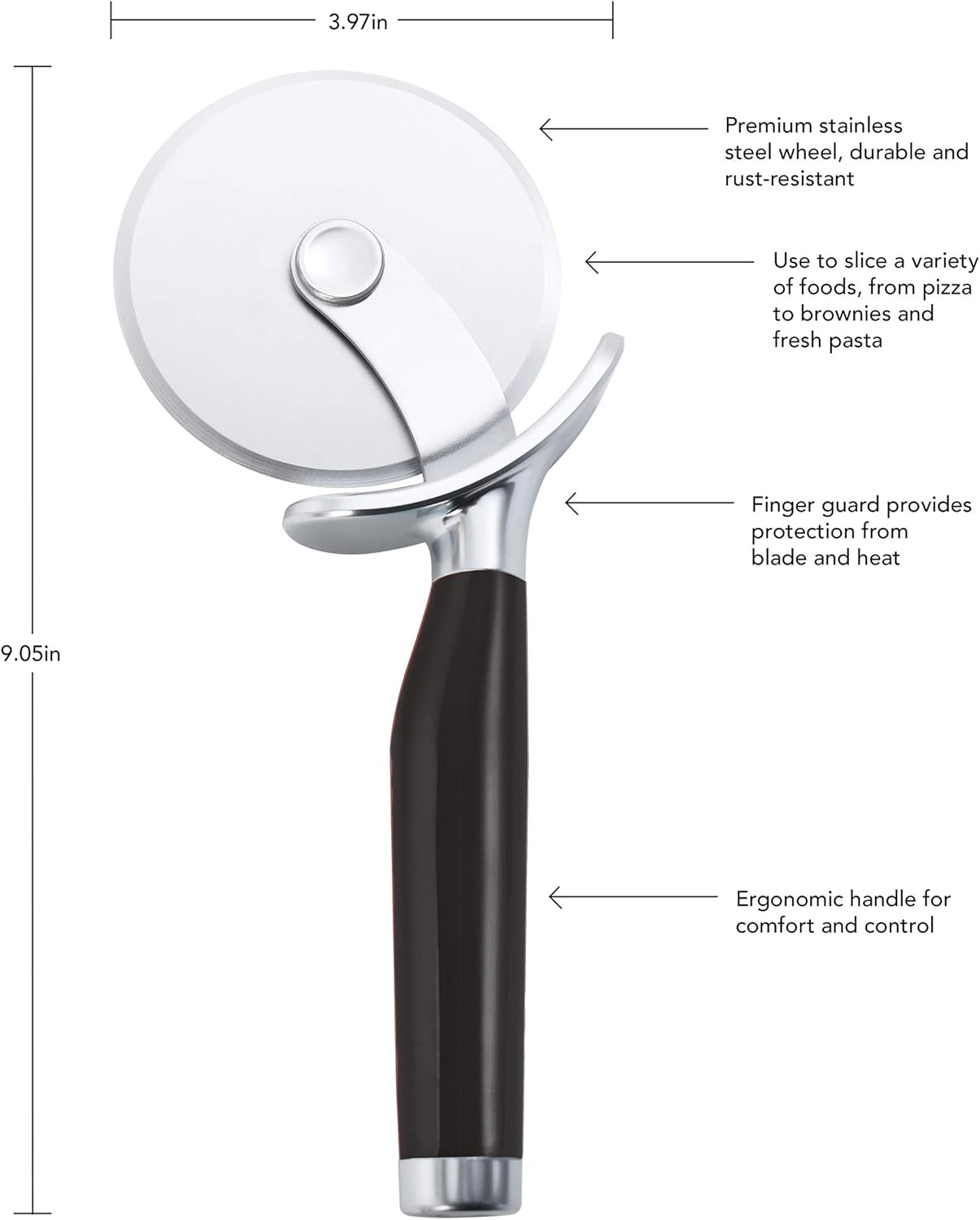 KitchenAid Classic Pizza Wheel with Sharp Blade For Cutting Through Crusts, Pies and More, Built In Finger Guard for Safety and Comfort Grip to Protect Fingers, Dishwasher Safe, 9-Inch, Black