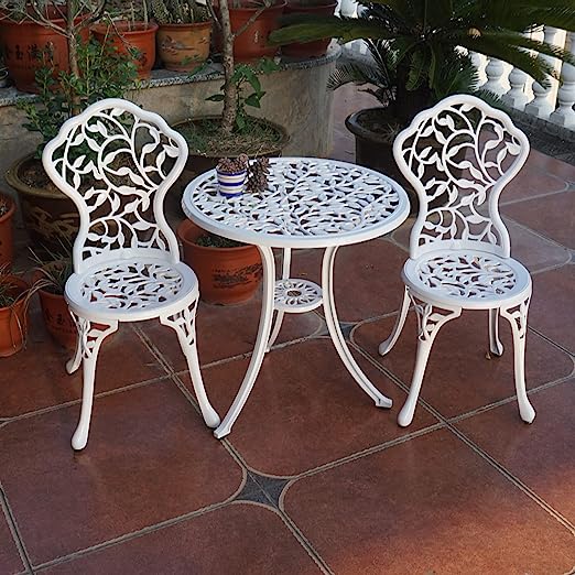 Sets 3 Piece cast Aluminum Patio Furniture Outdoor Garden Metal Rust Proof Tables and Chairs White bisrto Set (Leaf-White)