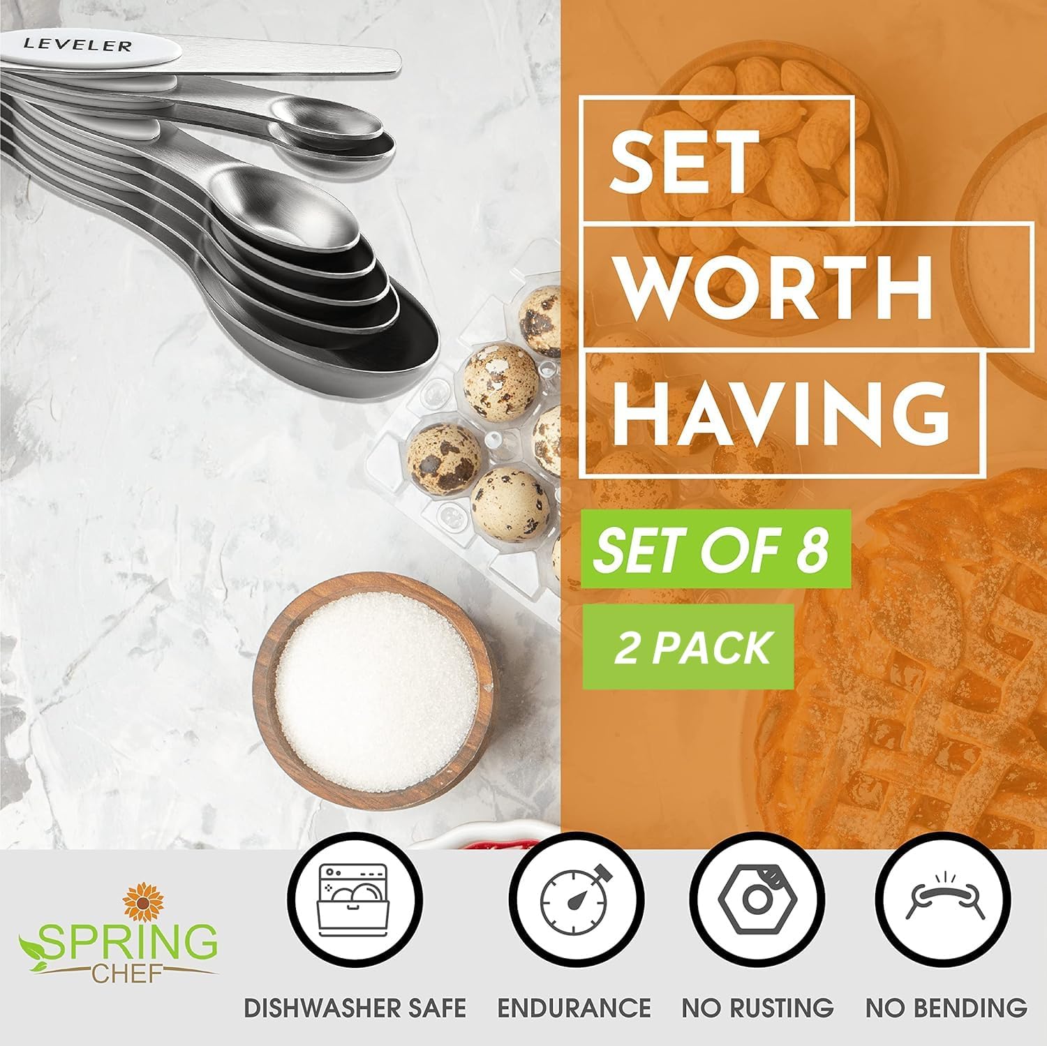 Spring Chef Magnetic Measuring Spoons Set with Strong N45 Magnets, Heavy Duty Stainless Steel Metal, Fits in Most Kitchen Spice Jars for Baking & Cooking, BPA Free, Black, Set of 8 with Leveler