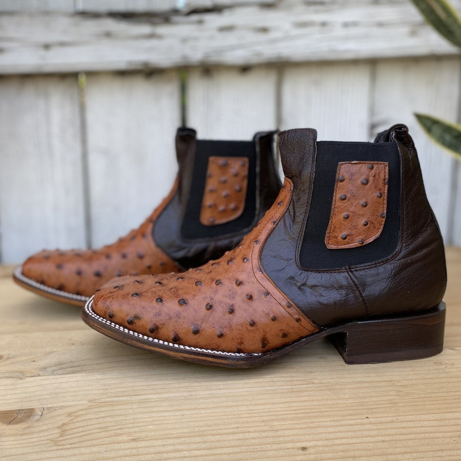 JB-727 Ostrich Print Cognac- Exotic Western Ankle Boots for Men