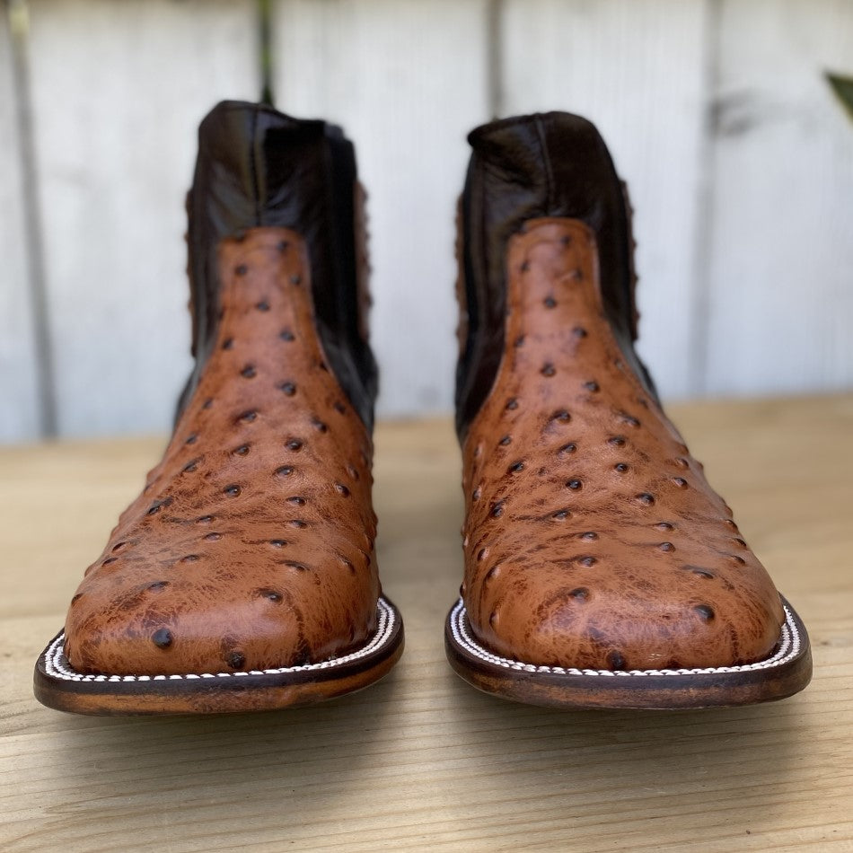 JB-727 Ostrich Print Cognac- Exotic Western Ankle Boots for Men