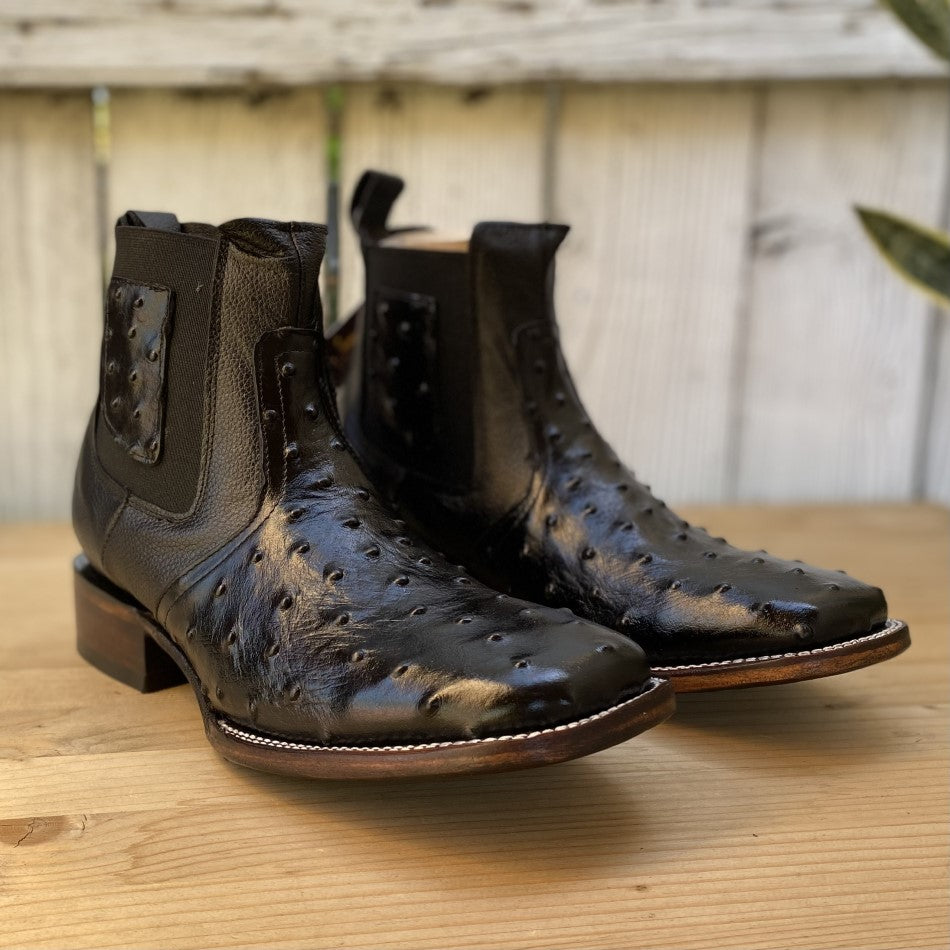 JB-727 Ostrich Print Negro - Exotic Western Ankle Boots for Men