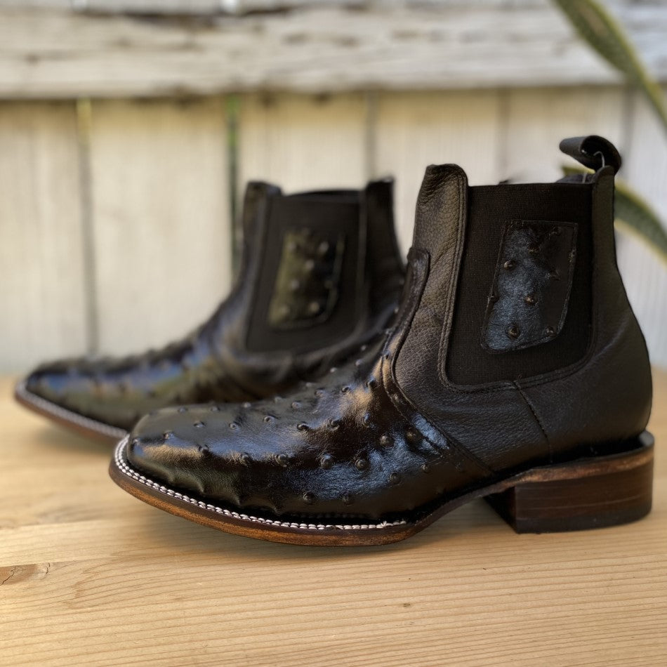 JB-727 Ostrich Print Negro - Exotic Western Ankle Boots for Men
