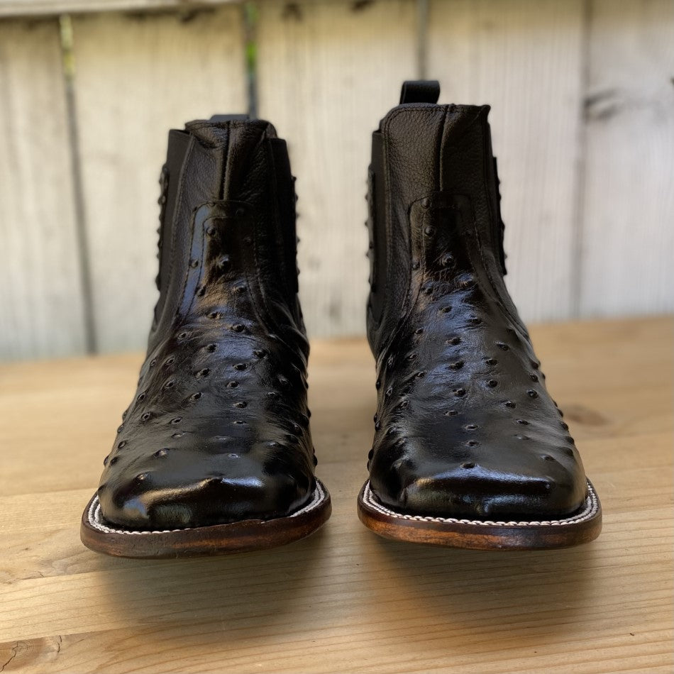 JB-727 Ostrich Print Negro - Exotic Western Ankle Boots for Men