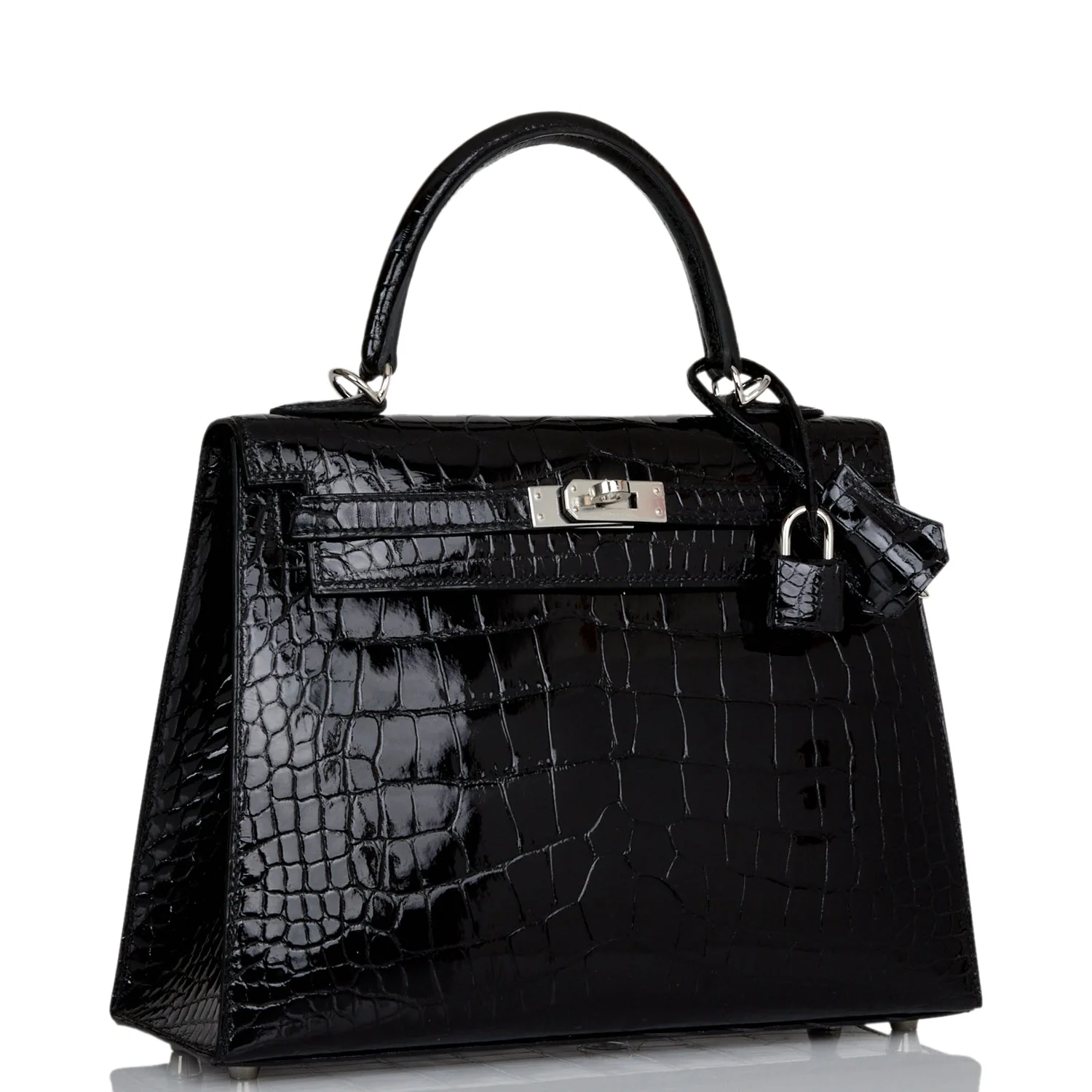 Her Kelly Sellier 25 Black Shiny Alligator Palladium Hardware