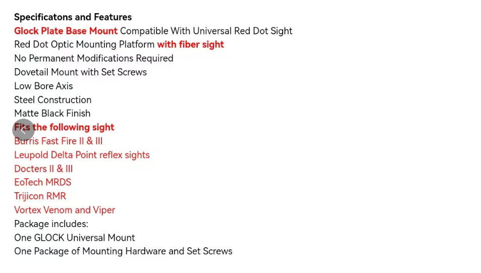 Universal red dot sight pad with red and green optical fibers suitable for GLOCK base