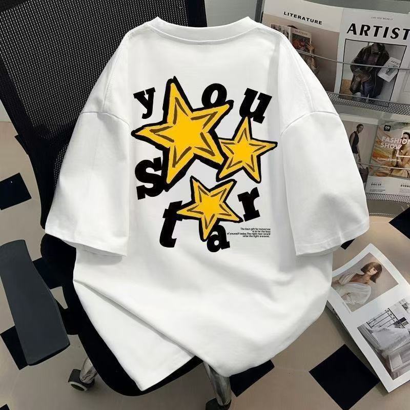 Five pointed star short sleeved shirt Men's solid color long Fashionable round-neck sweatshirt