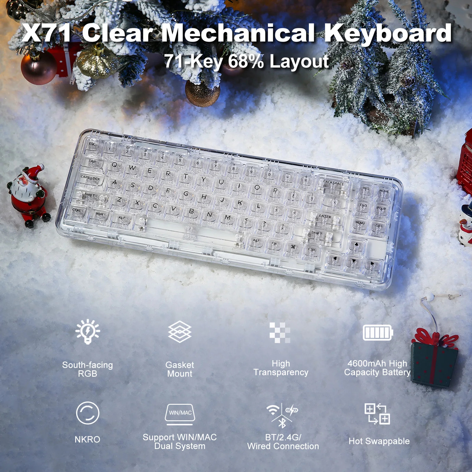 SIGOR Wireless BT/2.4G/USB-C Transparent RGB Mechanical Gaming Keyboard