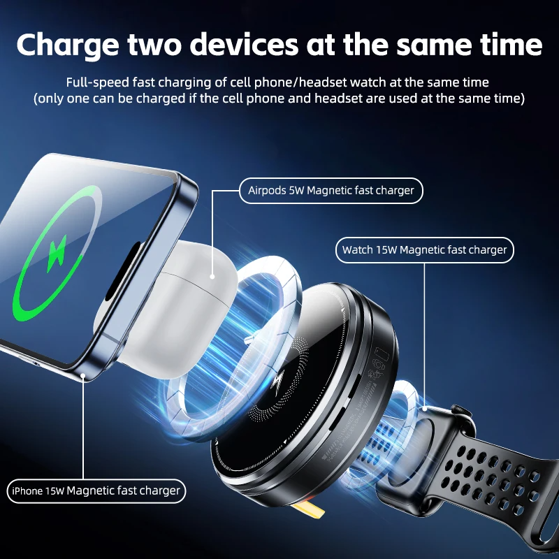 SIGOR 3 in 1 Desktop 15W Coil Wireless Fast Charger Portable Phone and Watch Wireless Charging