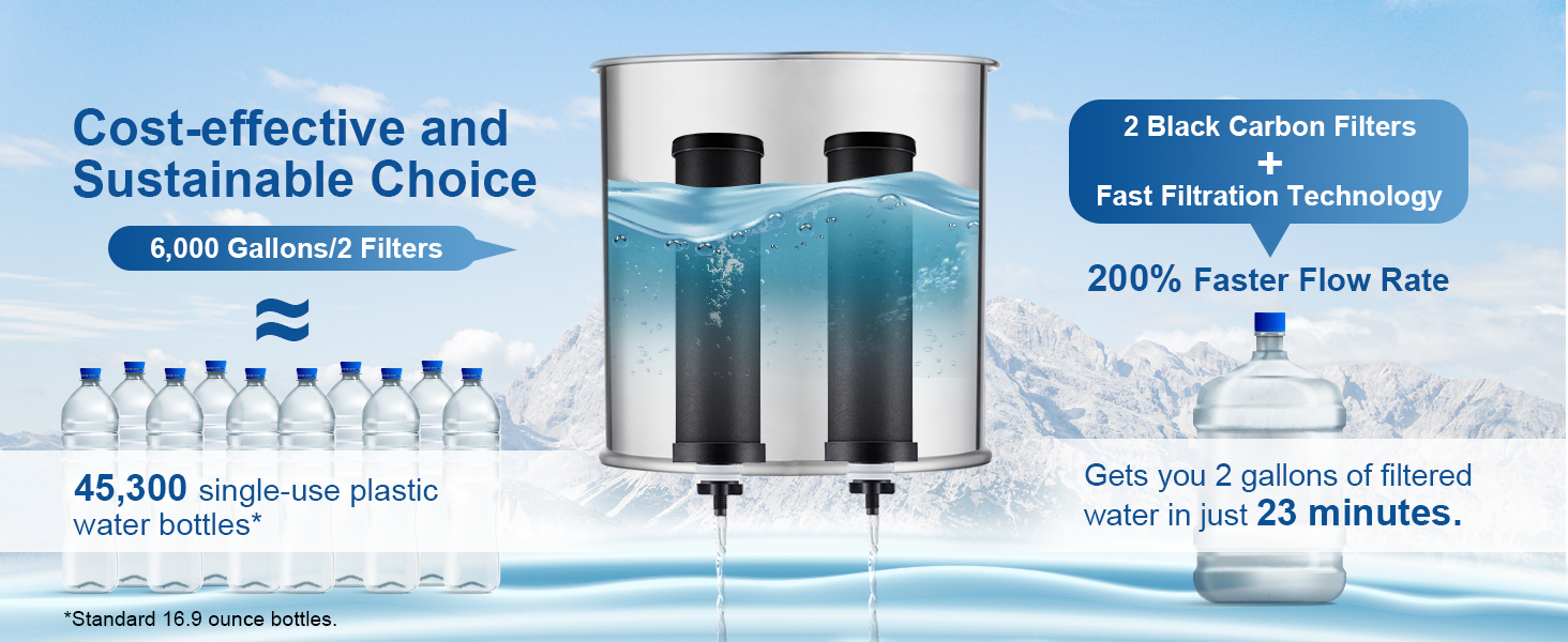 Watens 2.9 Gallon Gravity-fed Water Filter System, Stainless Steel Countertop Filter System with 2 Filters and Stand, Reduce 99% Chlorine