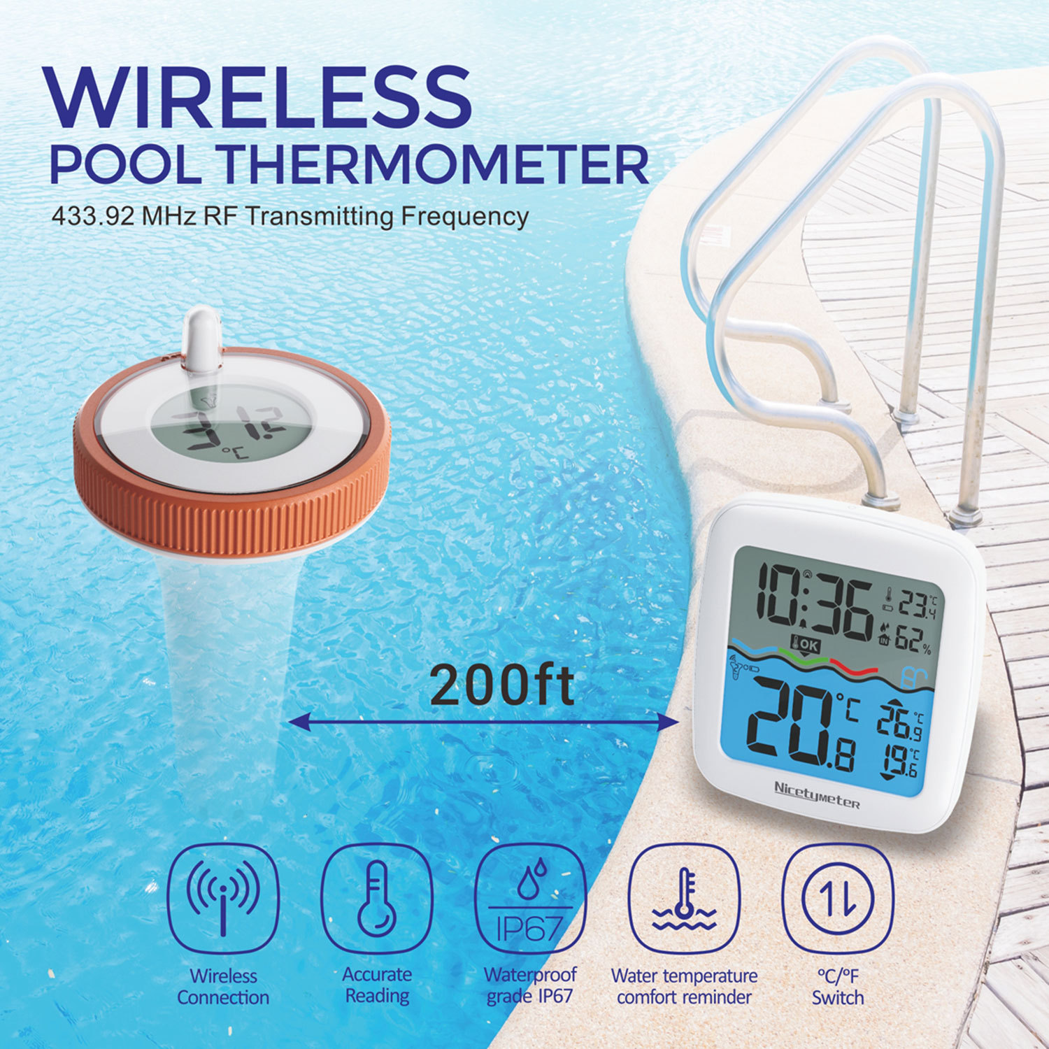 Digital Pool Thermometer Waterproof Water Temperature Thermometer for Hot Tub/Ice Bath/Swimming Pool/SPA/Aquarium/Pond