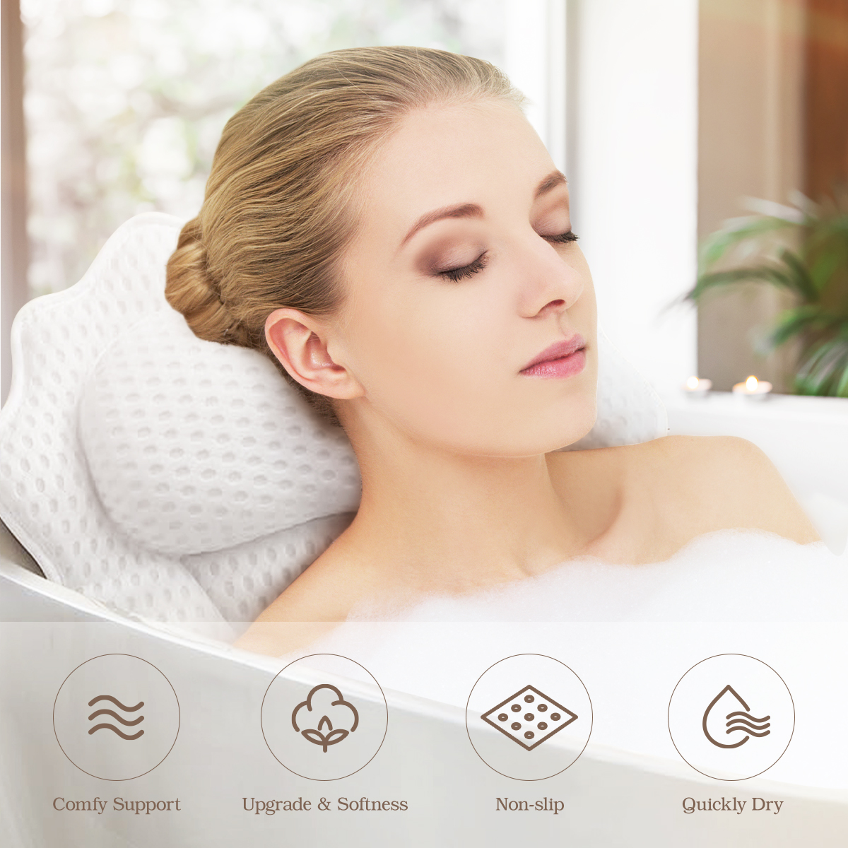 Bath Pillow Ergonomic Luxury Bathtub Pillow with Head,Neck, Shoulder and Back Support, 4D Bath Pillows for tub with 6 Powerful Suction Cups, Fits All Bathtub