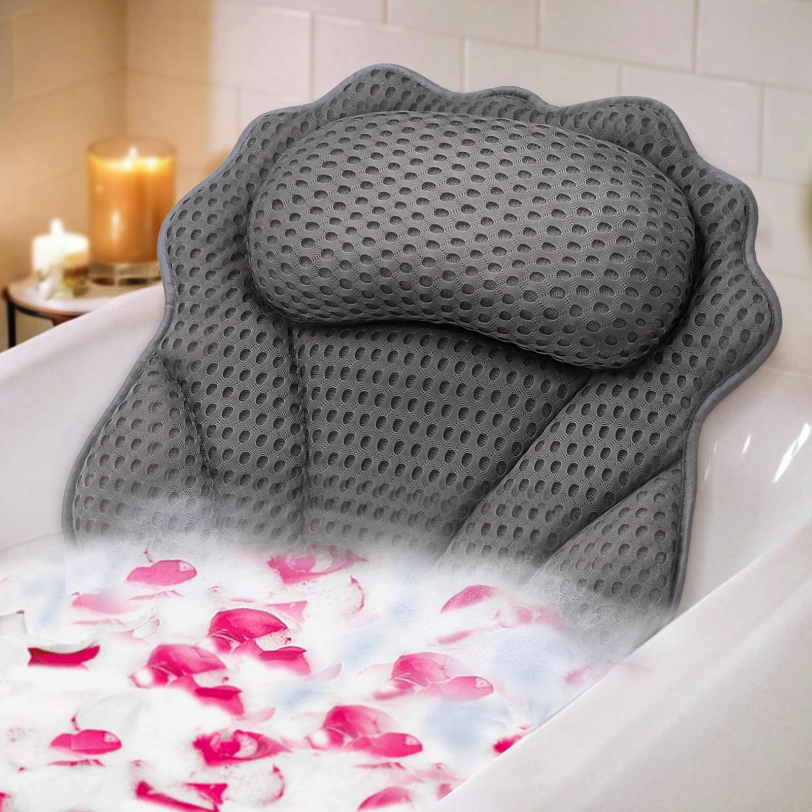Bath Pillow Ergonomic Luxury Bathtub Pillow with Head,Neck, Shoulder and Back Support, 4D Bath Pillows for tub with 6 Powerful Suction Cups, Fits All Bathtub