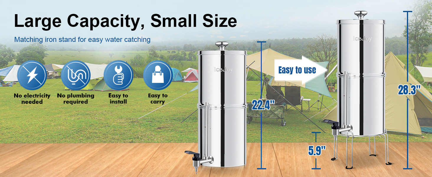 Watens 2.9 Gallon Gravity-fed Water Filter System, Stainless Steel Countertop Filter System with 2 Filters and Stand, Reduce 99% Chlorine