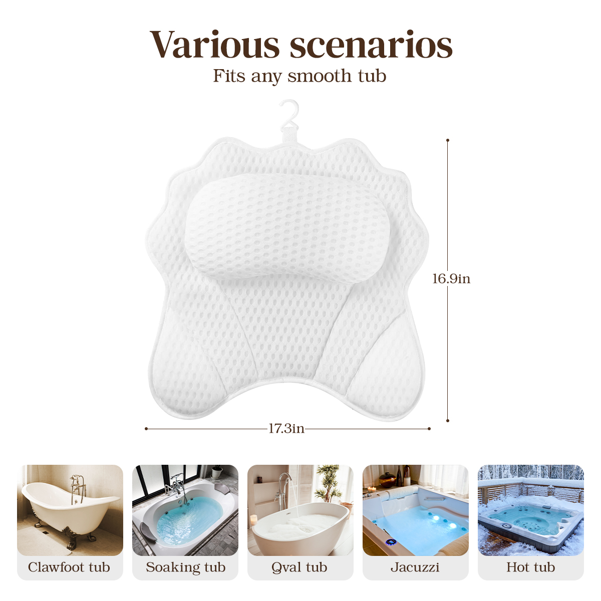 Bath Pillow Ergonomic Luxury Bathtub Pillow with Head,Neck, Shoulder and Back Support, 4D Bath Pillows for tub with 6 Powerful Suction Cups, Fits All Bathtub