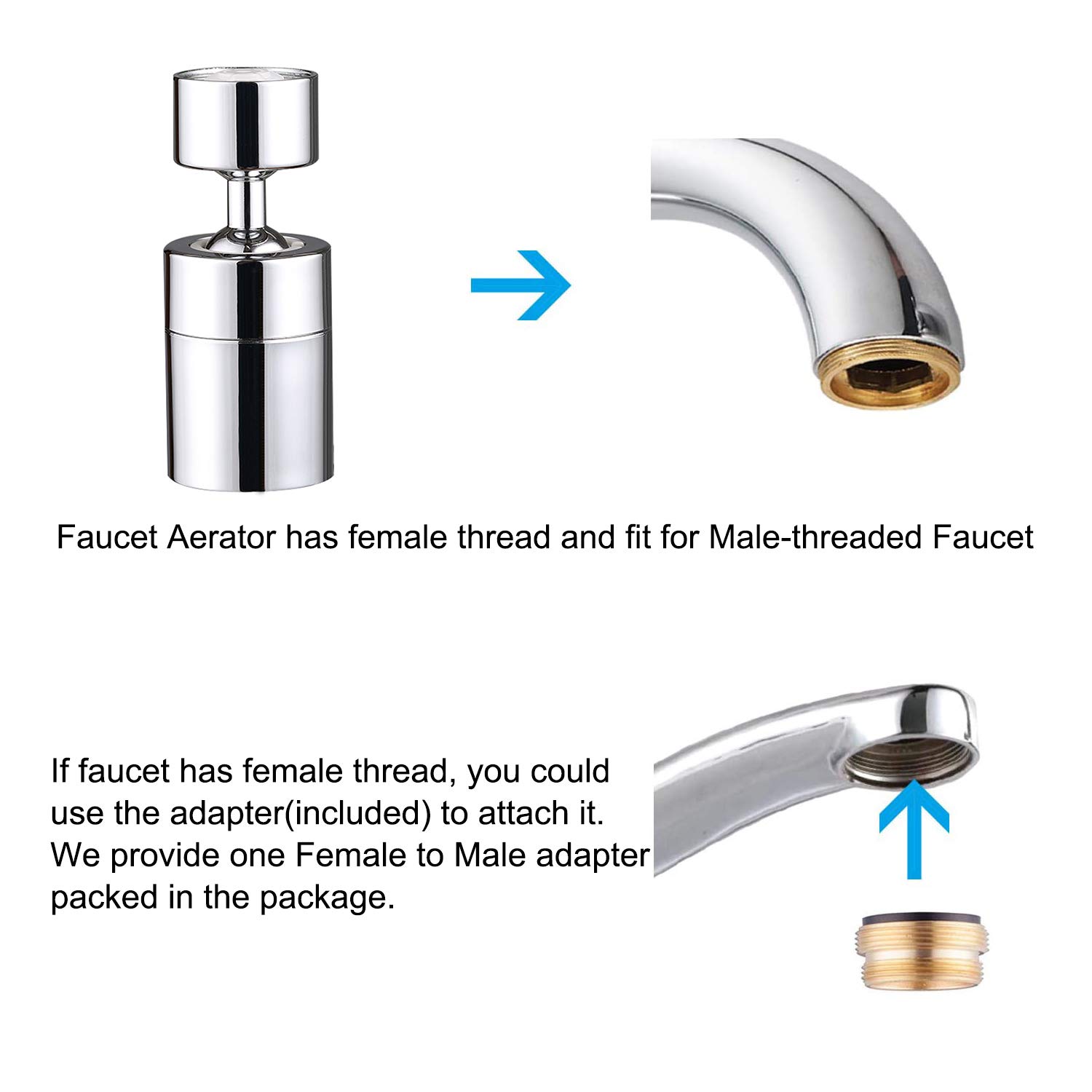 360 Degree Swivel Sink Faucet Aerator, Big Angle High Pressure Large Flow Aerator Dual Function Kitchen Faucet Aerator,55/64 Inch Female Thread Polished Chrome