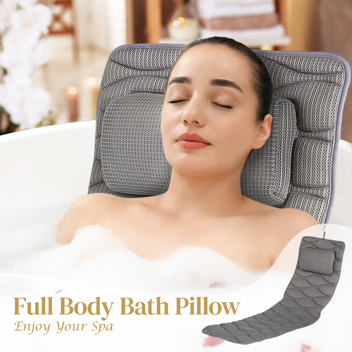 Full Body Bath Pillow, Bath Pillows for tub with Mesh Washing Bag & 21 Non-Slip Suction Cups, Spa Bathtub Pillow for Head Neck Shoulder and Back Support - 5D Air Mesh & Quick Drying