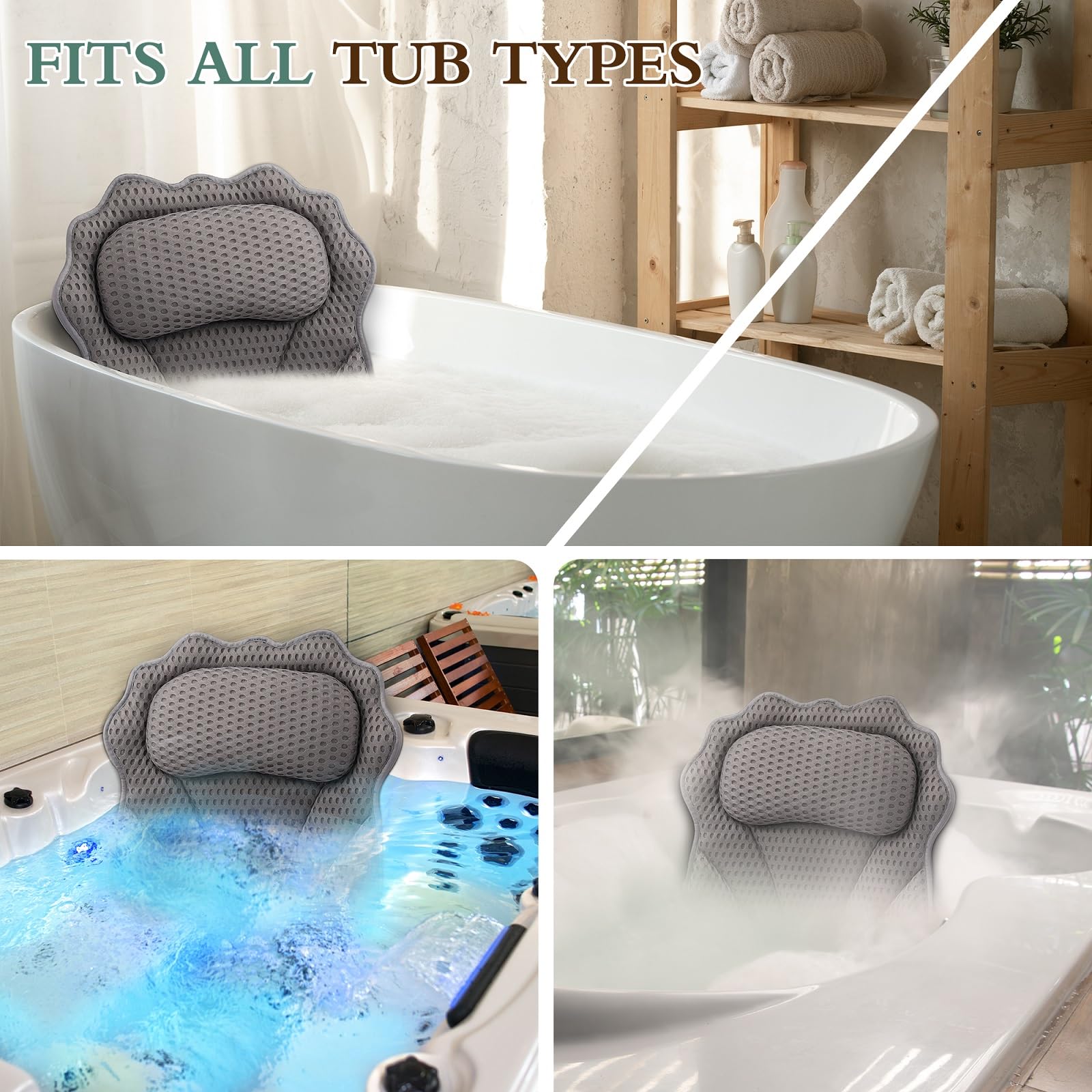 Bath Pillow Ergonomic Luxury Bathtub Pillow with Head,Neck, Shoulder and Back Support, 4D Bath Pillows for tub with 6 Powerful Suction Cups, Fits All Bathtub