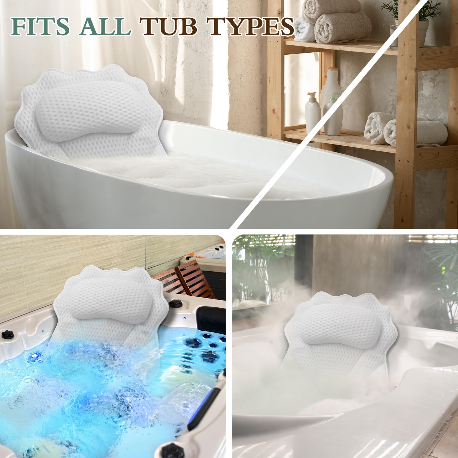 Bath Pillow Ergonomic Luxury Bathtub Pillow with Head,Neck, Shoulder and Back Support, 4D Bath Pillows for tub with 6 Powerful Suction Cups, Fits All Bathtub