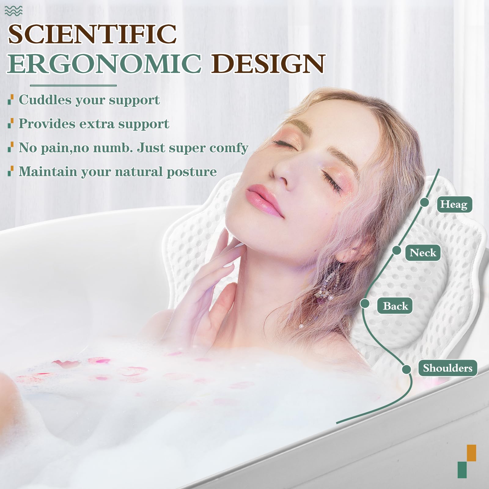 Bath Pillow Ergonomic Luxury Bathtub Pillow with Head,Neck, Shoulder and Back Support, 4D Bath Pillows for tub with 6 Powerful Suction Cups, Fits All Bathtub
