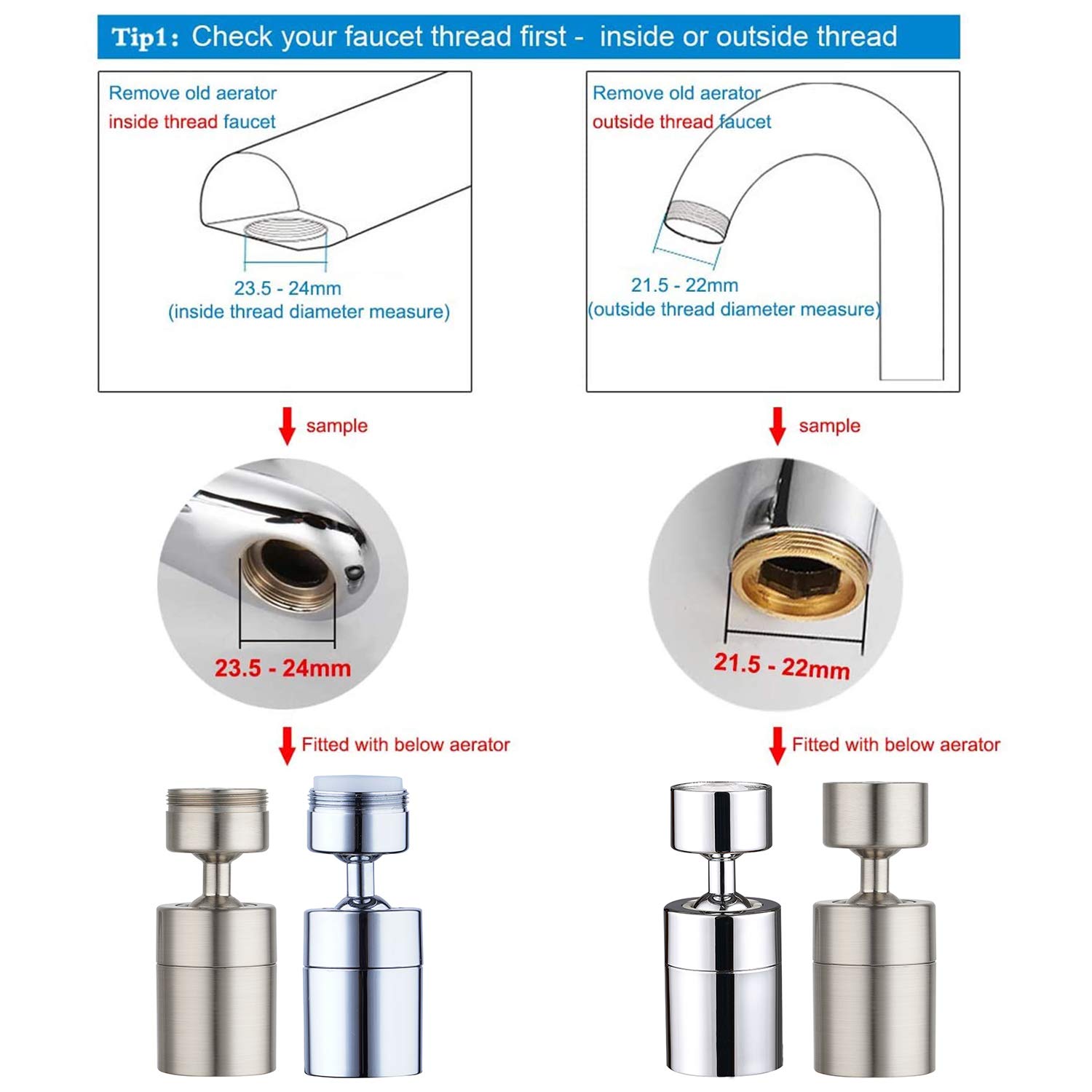 360 Degree Swivel Sink Faucet Aerator, Big Angle High Pressure Large Flow Aerator Dual Function Kitchen Faucet Aerator,55/64 Inch Female Thread Polished Chrome
