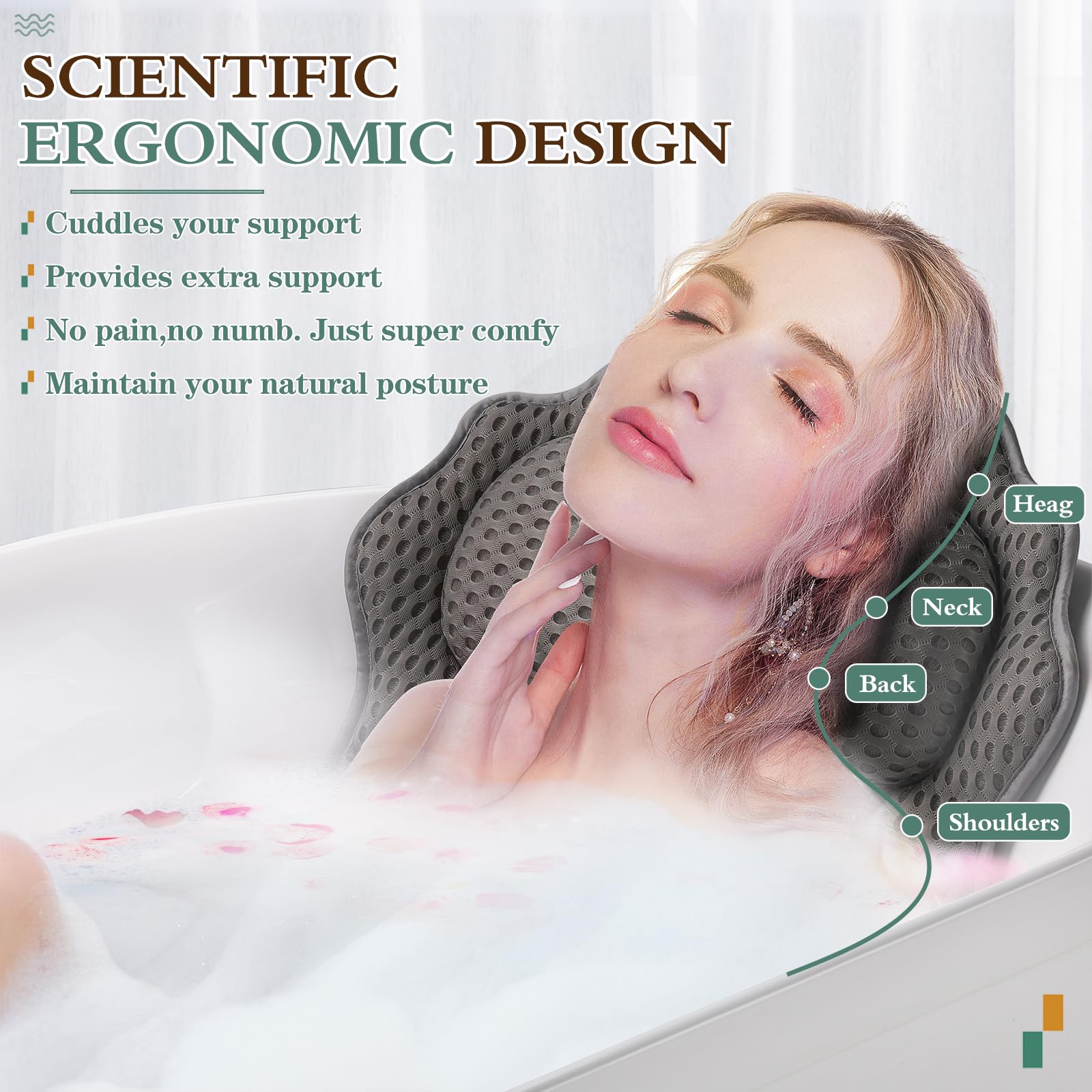 Bath Pillow Ergonomic Luxury Bathtub Pillow with Head,Neck, Shoulder and Back Support, 4D Bath Pillows for tub with 6 Powerful Suction Cups, Fits All Bathtub
