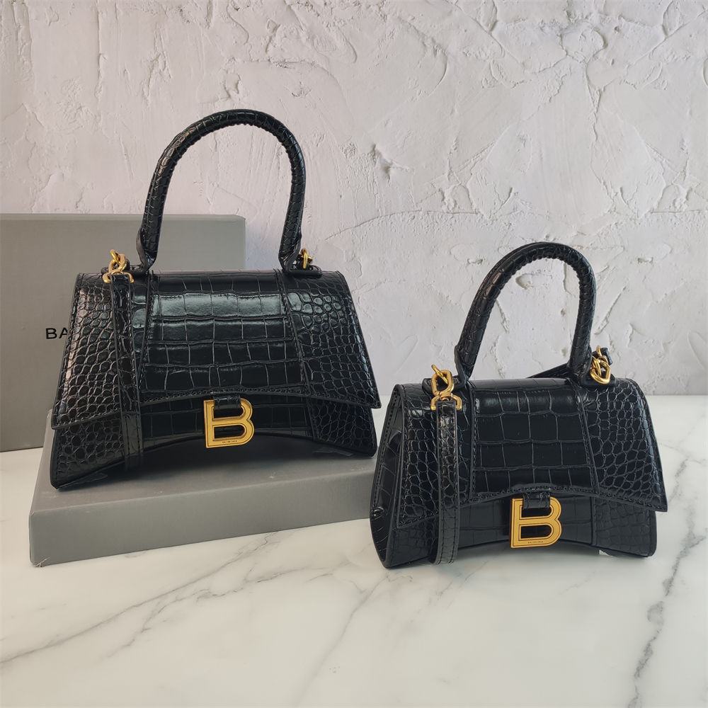 Balenciaga Black Croc Embossed Leather Hourglass Handle Bag