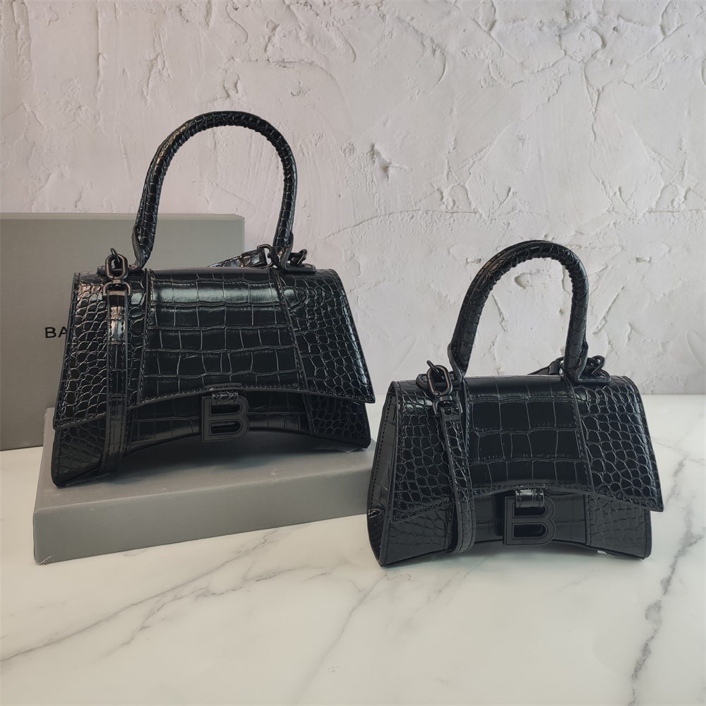 Balenciaga Black Croc Embossed Leather Hourglass Handle Bag