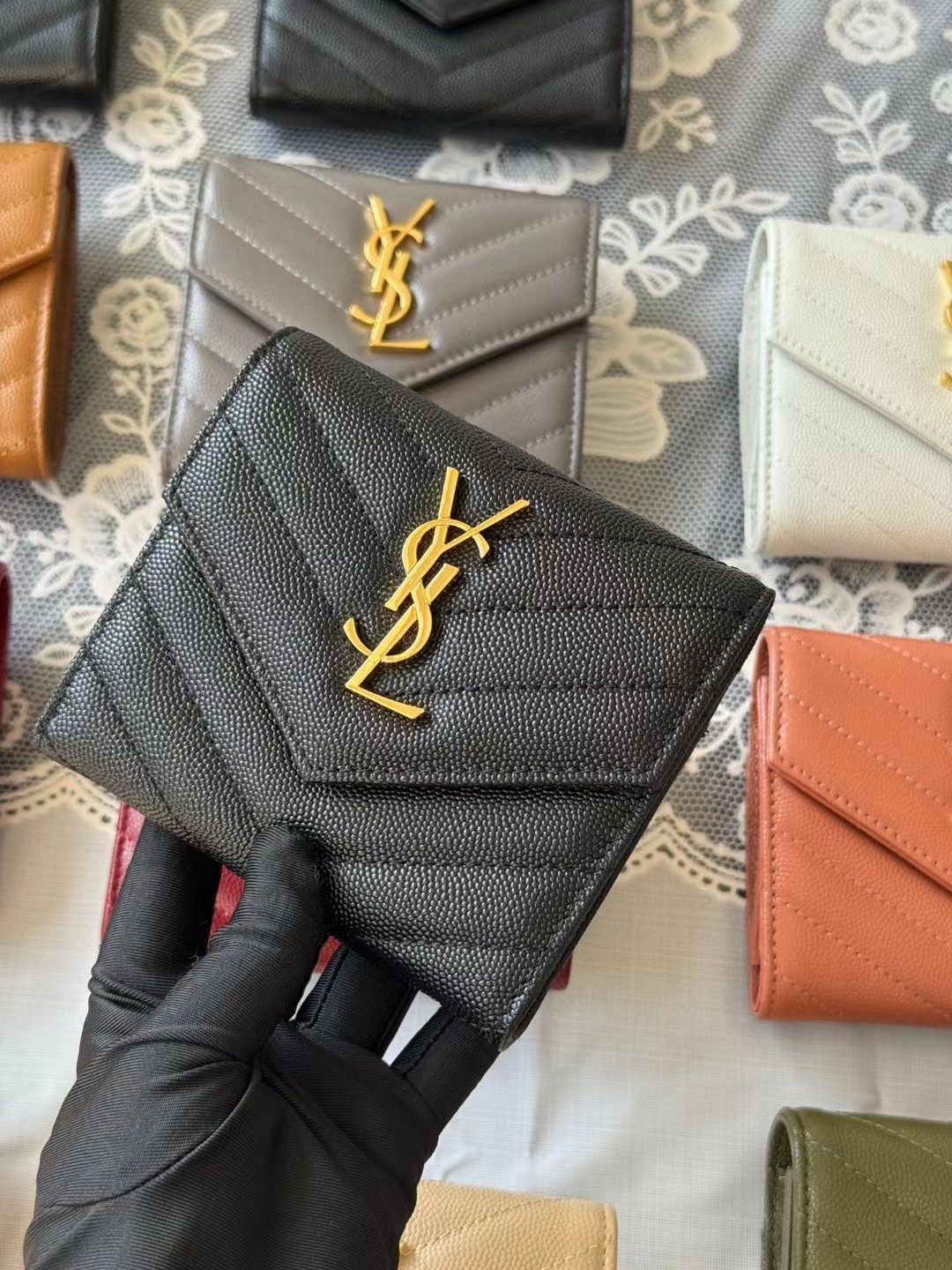 YSL Monogram Trifold Wallet in Grained Leather