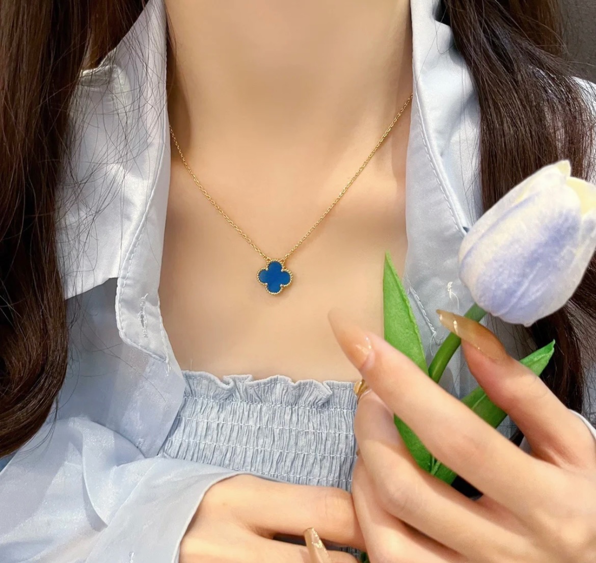 VCA blue agate four-leaf clover necklace