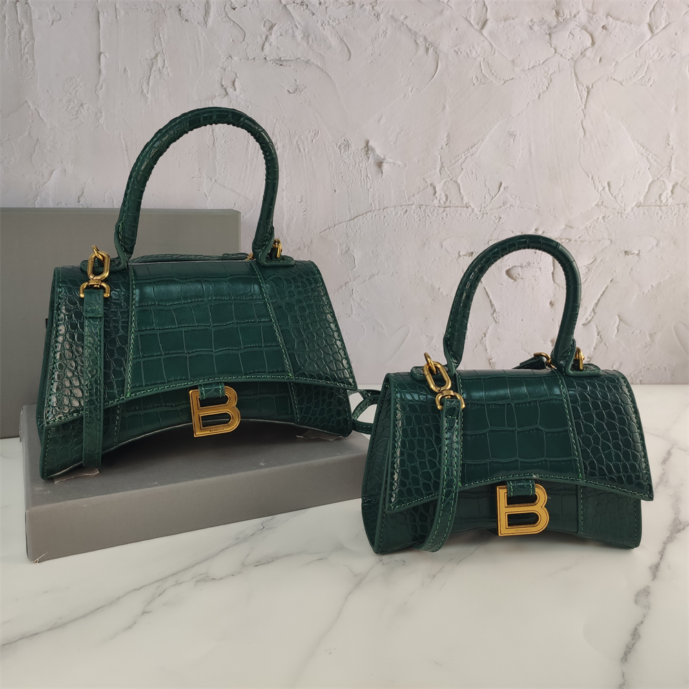 Balenciaga Black Croc Embossed Leather Hourglass Handle Bag