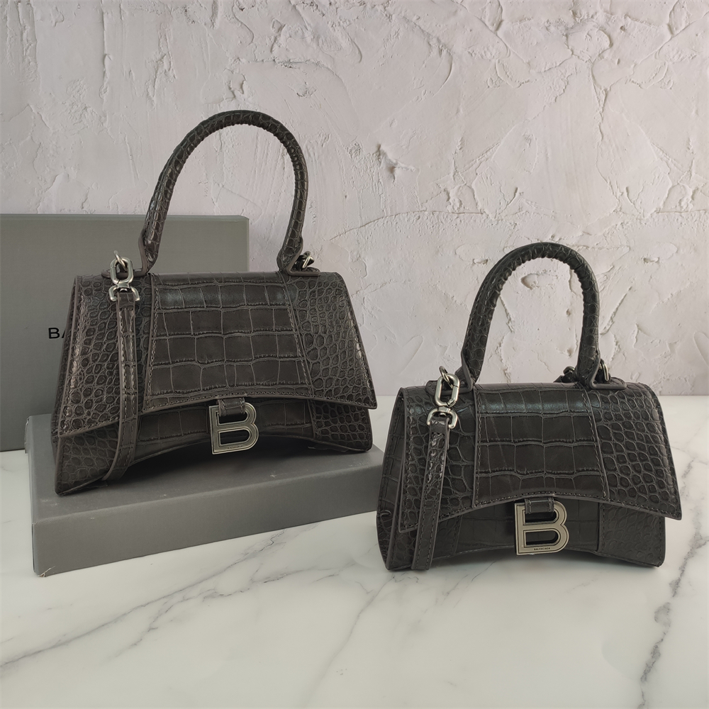 Balenciaga Black Croc Embossed Leather Hourglass Handle Bag