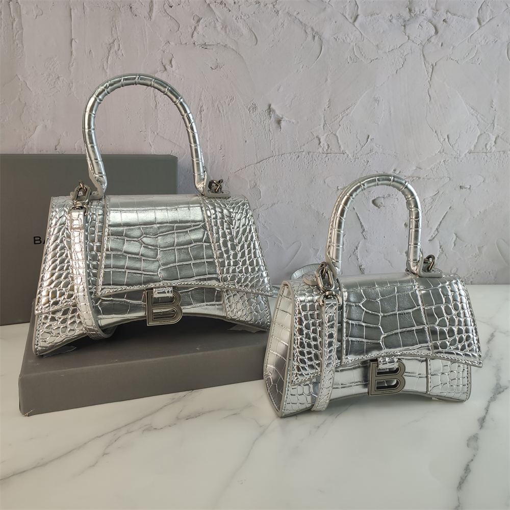 Balenciaga Black Croc Embossed Leather Hourglass Handle Bag