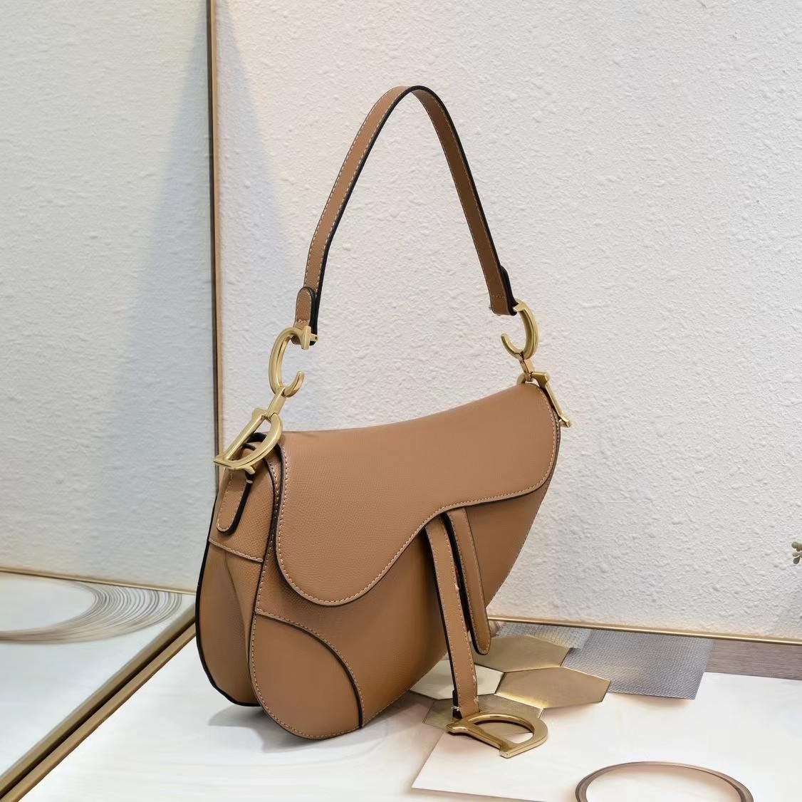 Christian Dior Grained Calfskin Mini Saddle Bag Dark Yellow