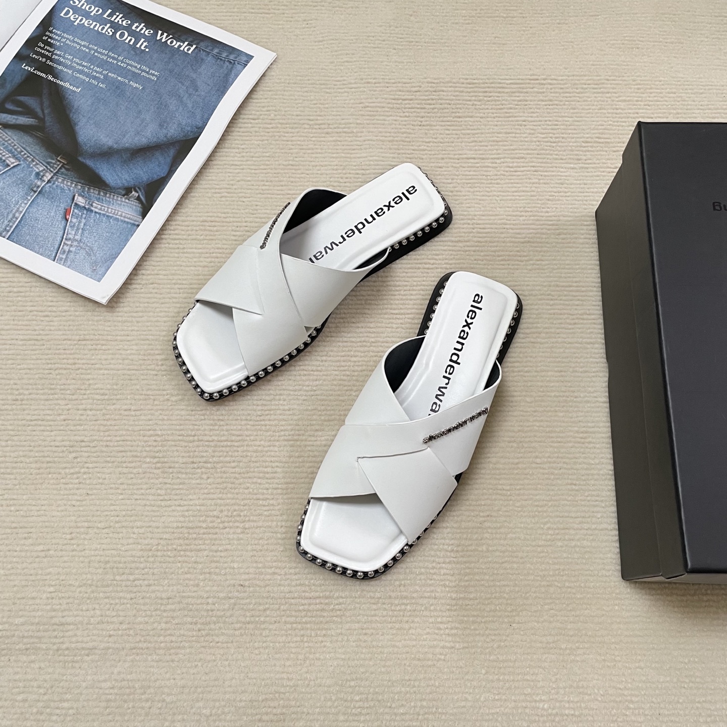 Alexander Wang steel bead cross flat slides